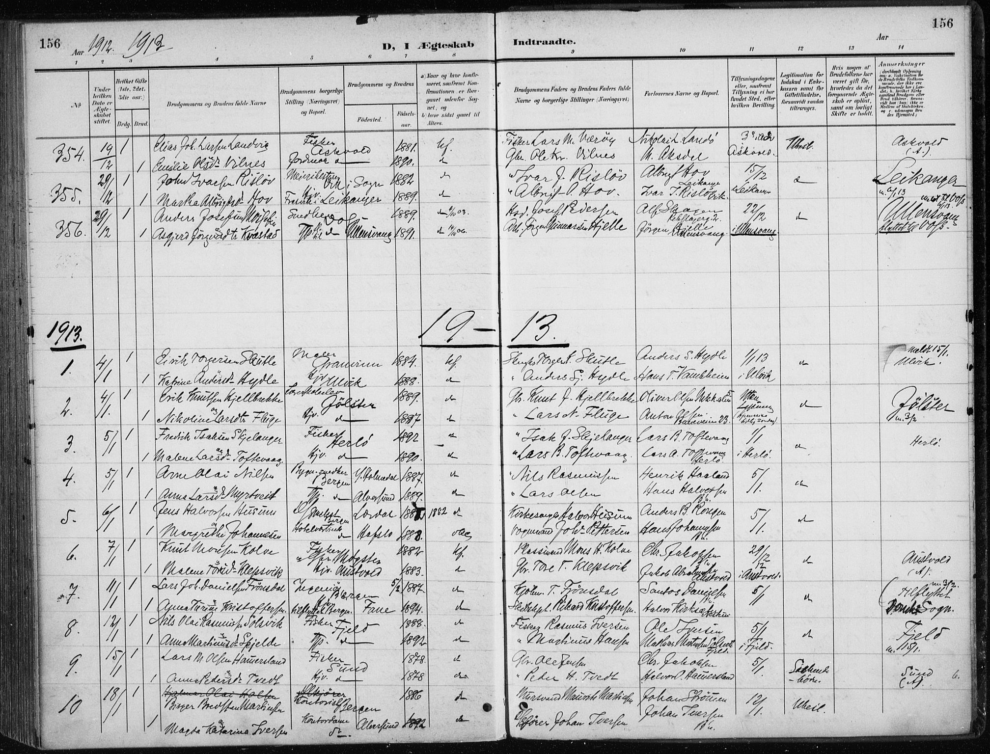Nykirken Sokneprestembete, SAB/A-77101/H/Haa/L0035: Parish register (official) no. D 5, 1905-1913, p. 156