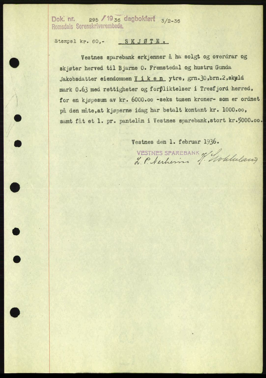 Romsdal sorenskriveri, AV/SAT-A-4149/1/2/2C: Mortgage book no. A1, 1936-1936, Diary no: : 295/1936