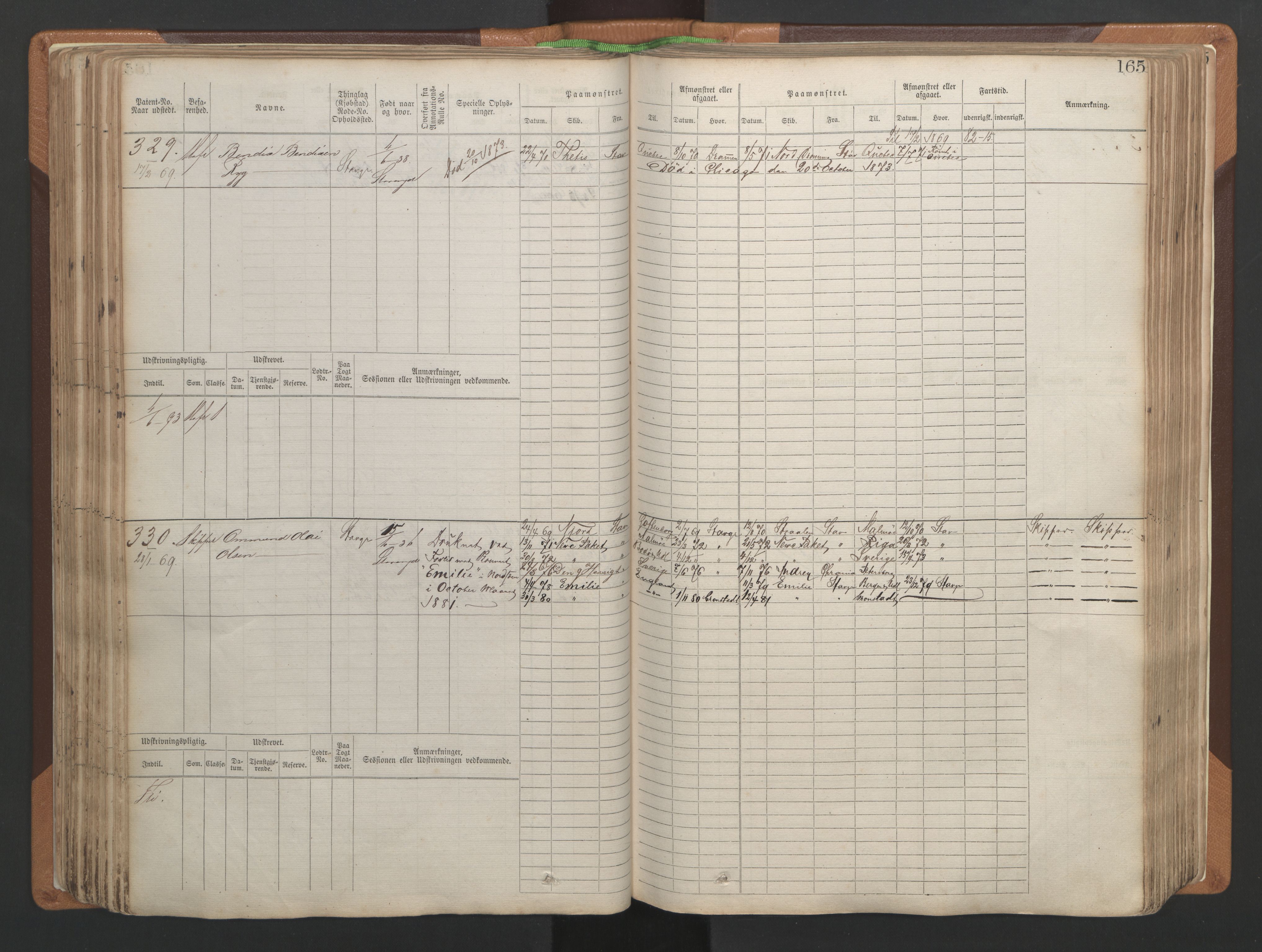 Stavanger sjømannskontor, AV/SAST-A-102006/F/Fb/Fbb/L0004: Sjøfartshovedrulle, patentnr. 1-792 (del 1), 1869-1880, p. 169