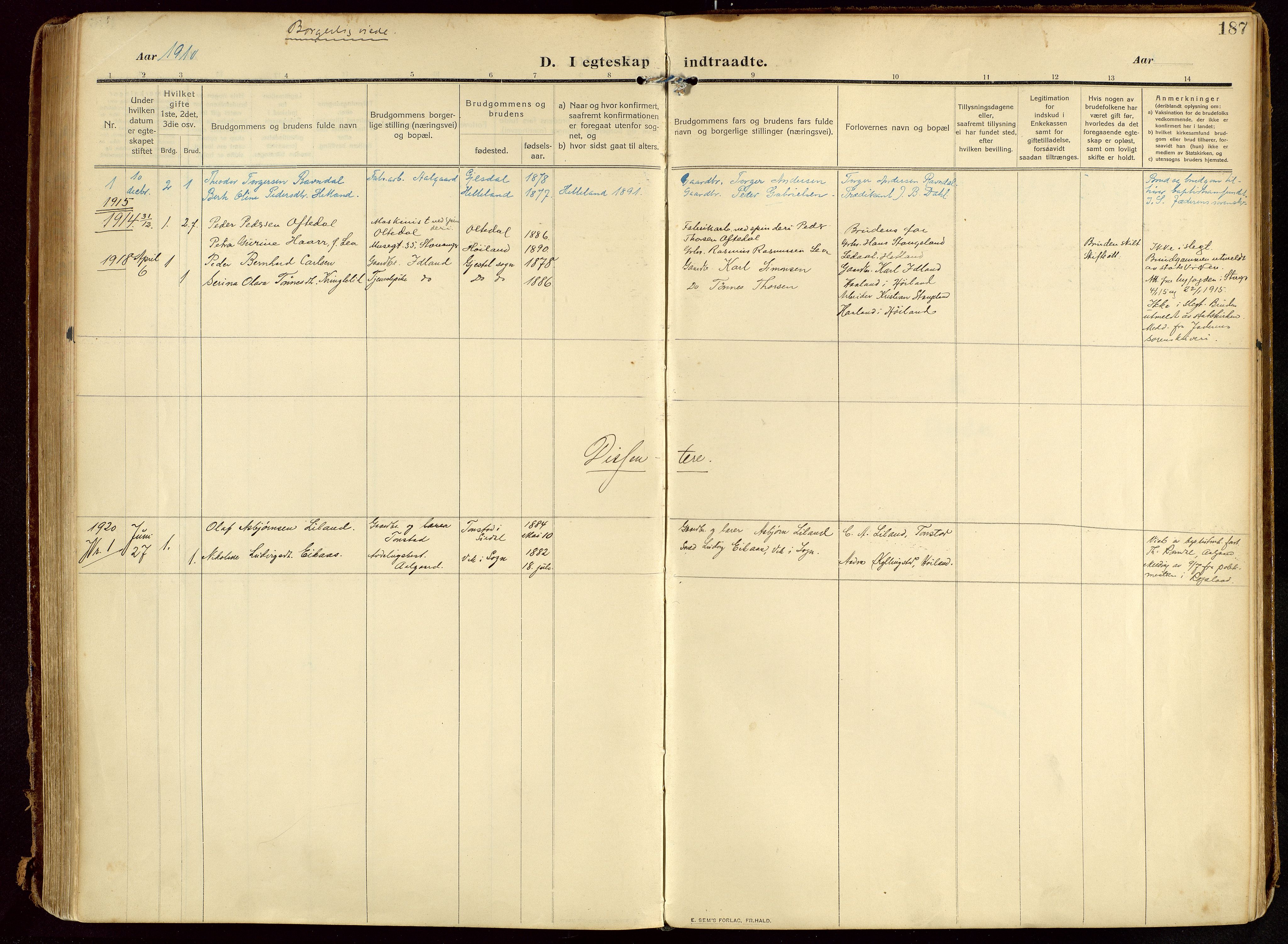 Lye sokneprestkontor, SAST/A-101794/002/B/L0001: Parish register (official) no. A 13, 1910-1925, p. 187
