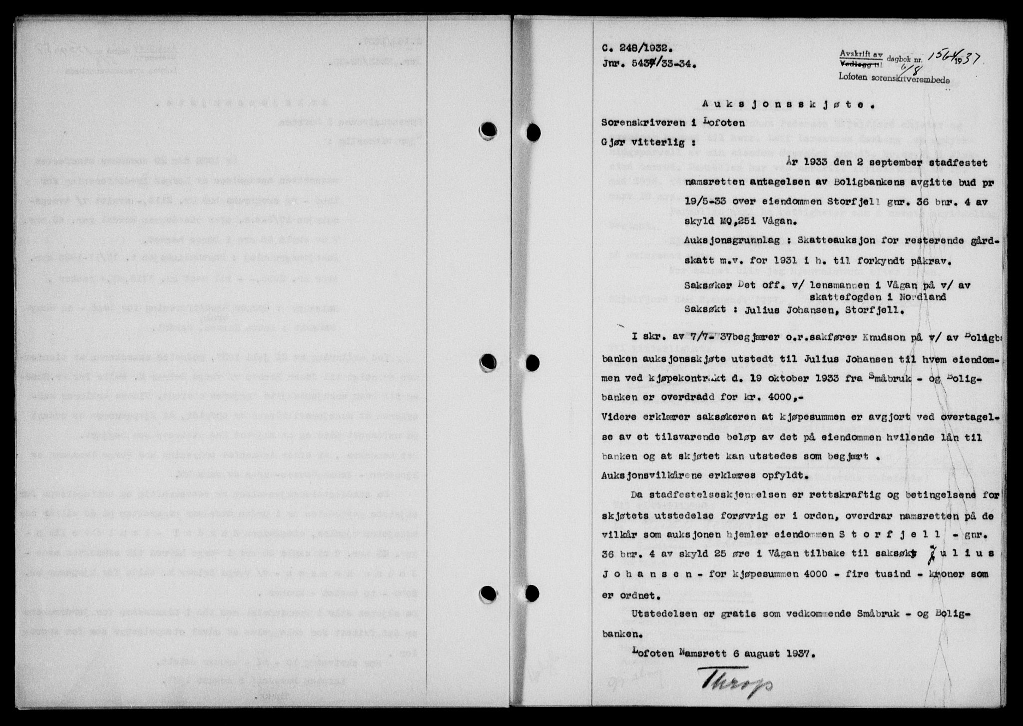 Lofoten sorenskriveri, SAT/A-0017/1/2/2C/L0002a: Mortgage book no. 2a, 1937-1937, Diary no: : 1564/1937