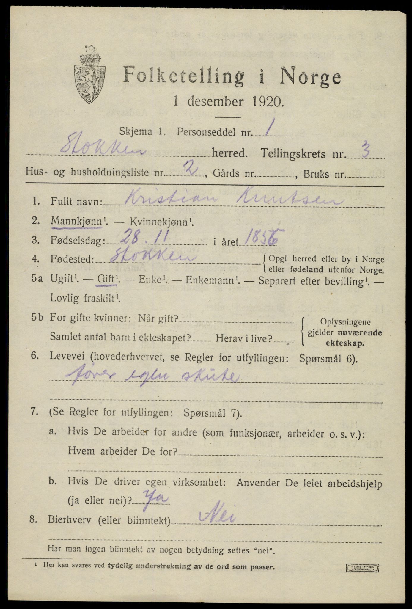 SAK, 1920 census for Stokken, 1920, p. 1974