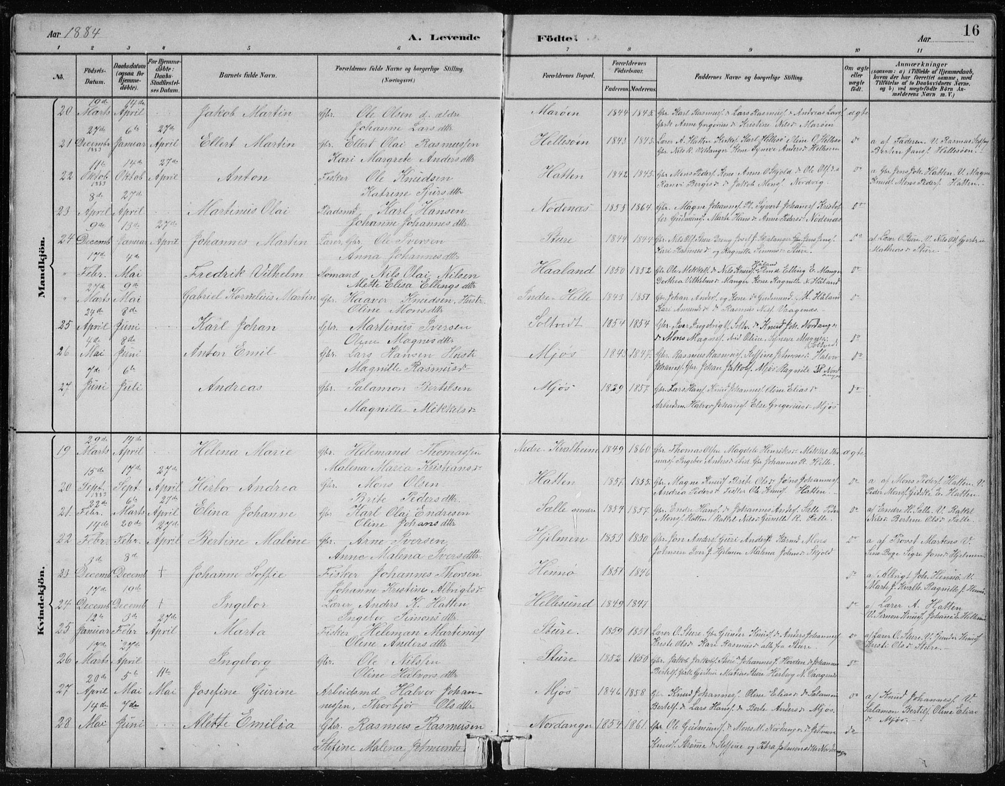 Manger sokneprestembete, SAB/A-76801/H/Hab: Parish register (copy) no. B 2, 1882-1890, p. 16