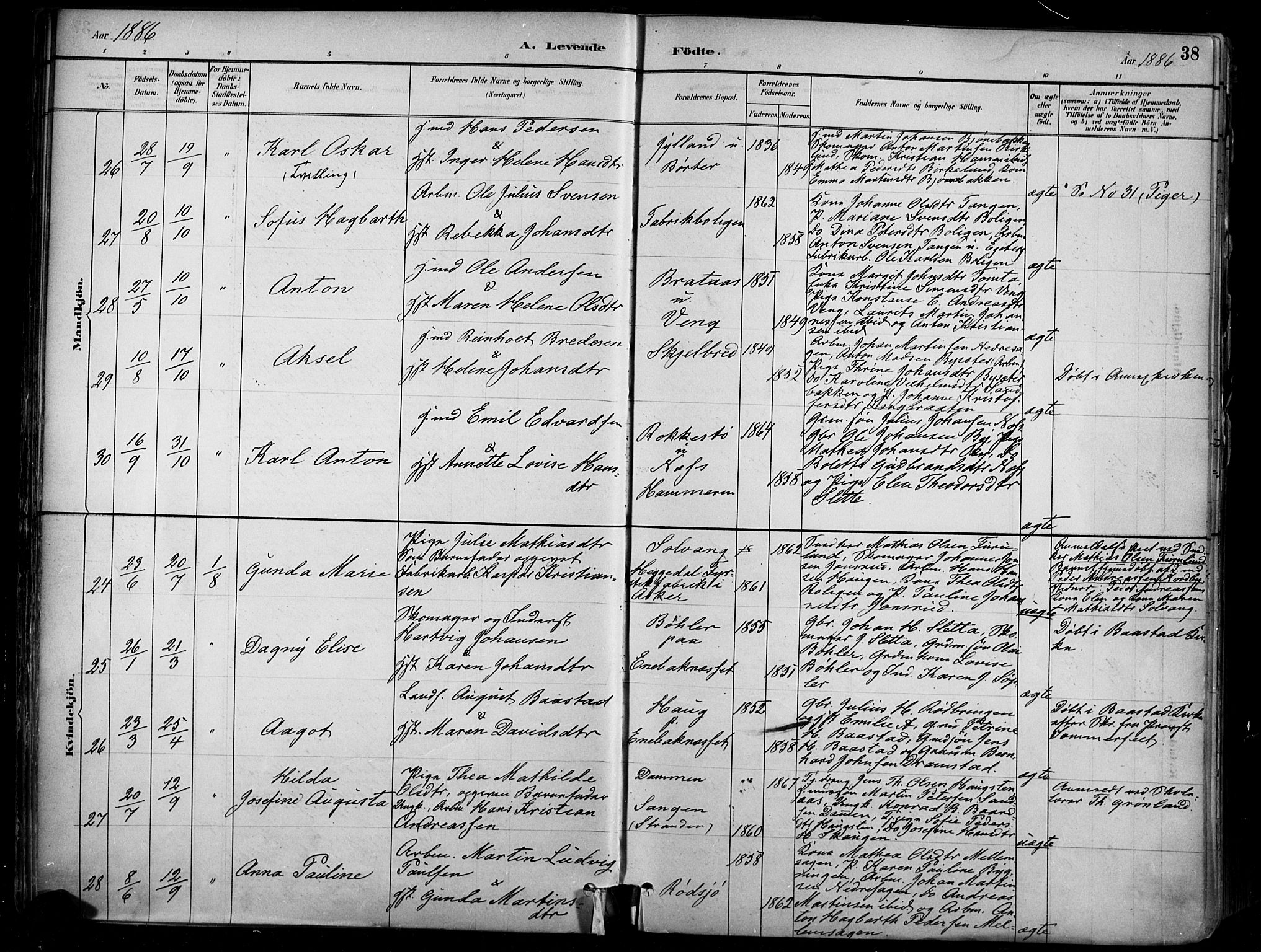 Enebakk prestekontor Kirkebøker, AV/SAO-A-10171c/F/Fa/L0016: Parish register (official) no. I 16, 1883-1898, p. 38