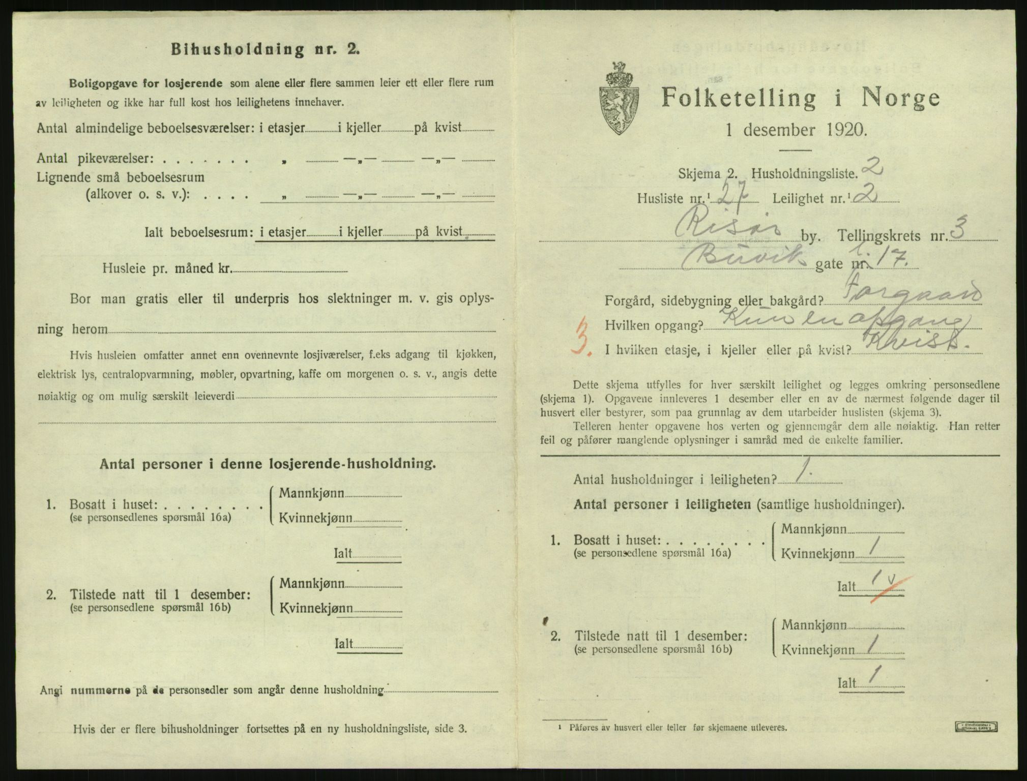 SAK, 1920 census for Risør, 1920, p. 2599