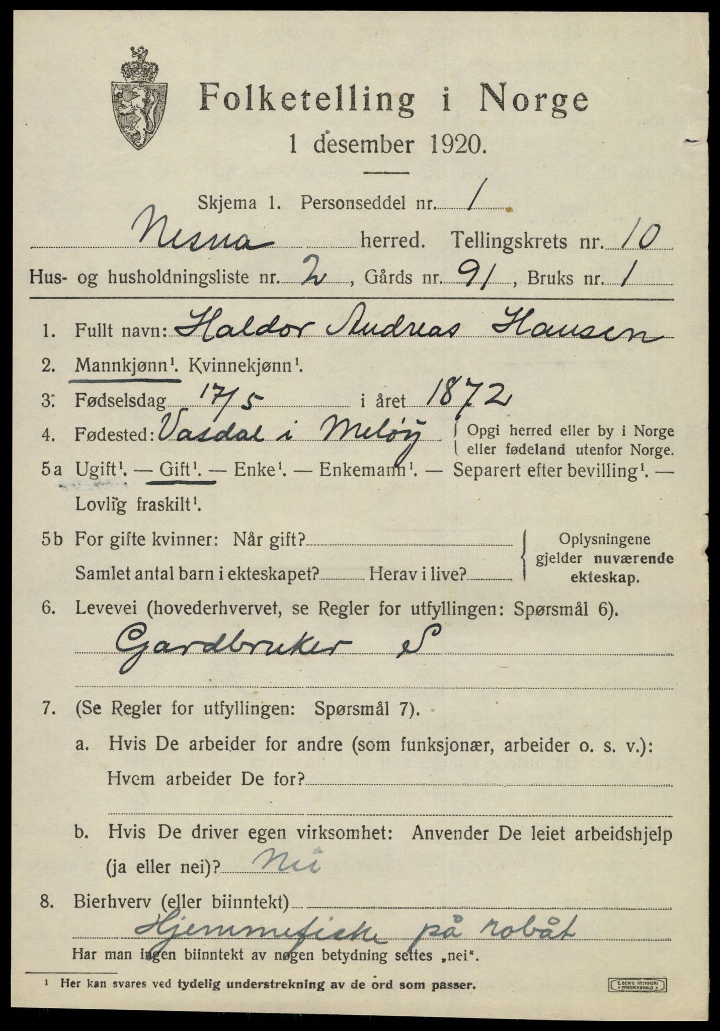 SAT, 1920 census for Nesna, 1920, p. 7943