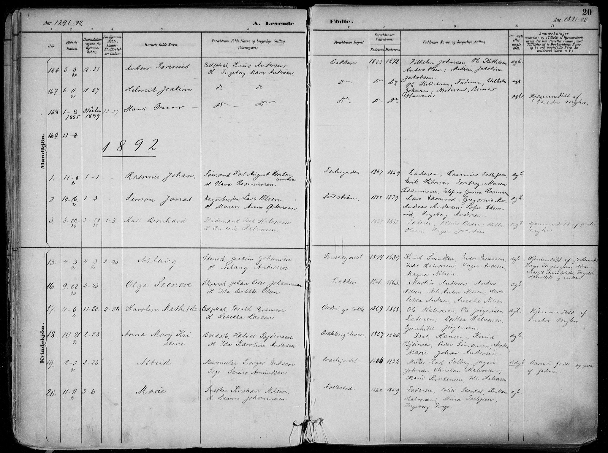 Skien kirkebøker, SAKO/A-302/F/Fa/L0010: Parish register (official) no. 10, 1891-1899, p. 20