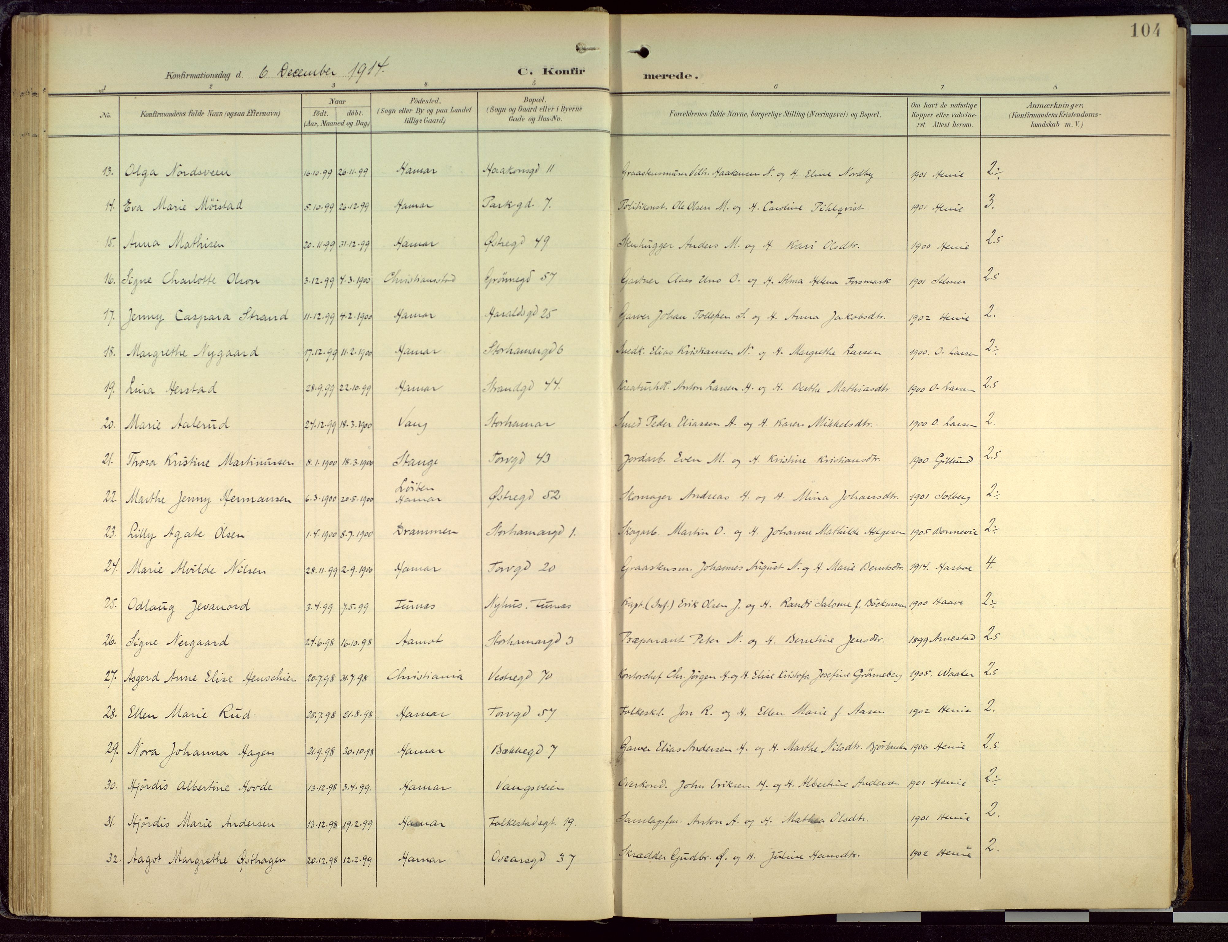 Hamar prestekontor, AV/SAH-DOMPH-002/H/Ha/Haa/L0004: Parish register (official) no. 4, 1899-1973, p. 104