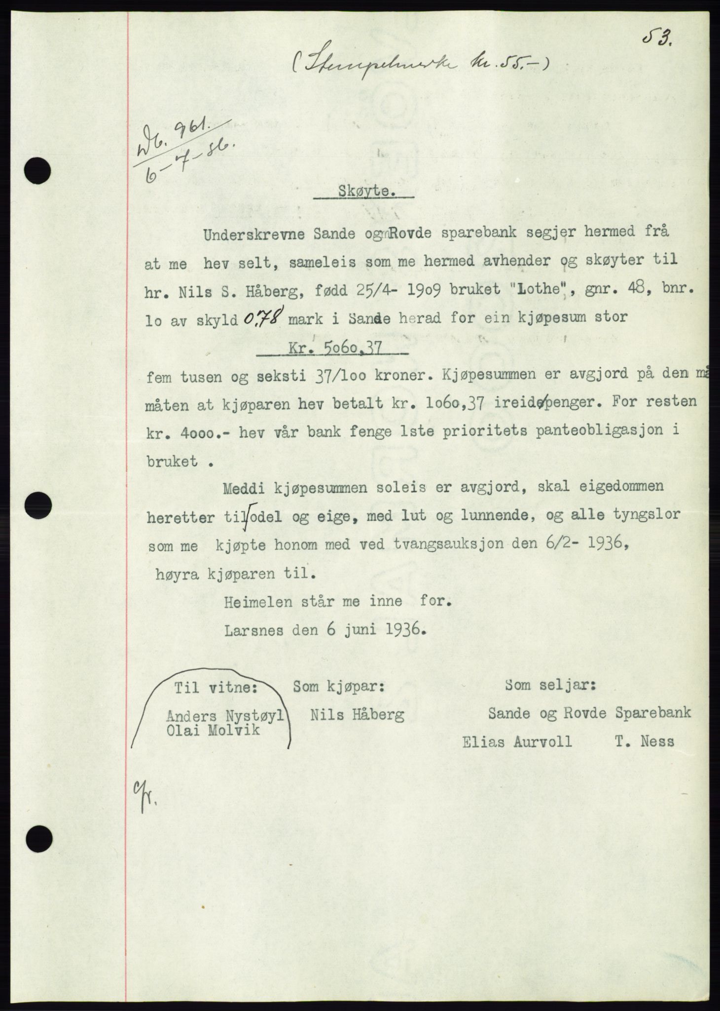 Søre Sunnmøre sorenskriveri, AV/SAT-A-4122/1/2/2C/L0061: Mortgage book no. 55, 1936-1936, Diary no: : 961/1936