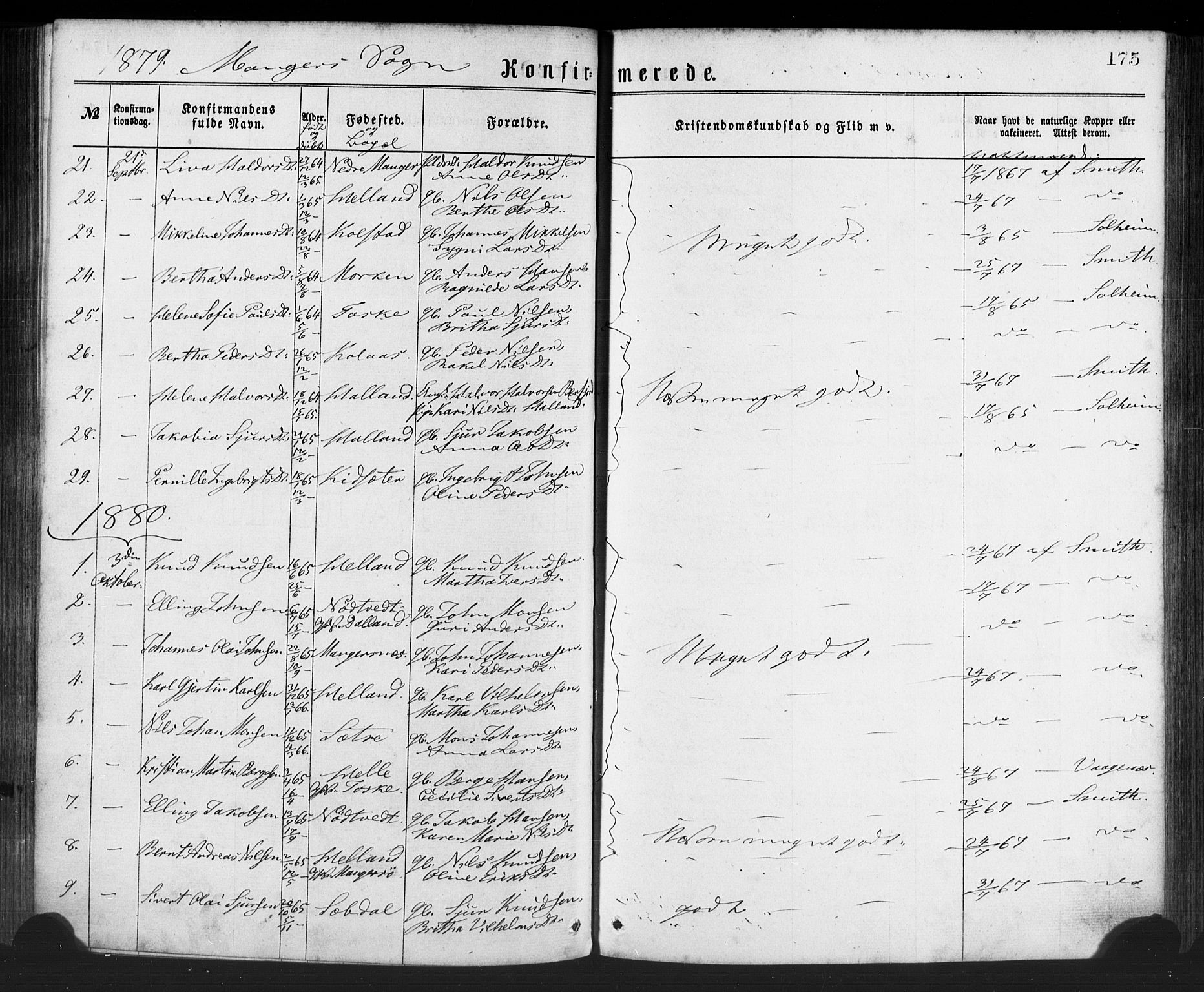 Manger sokneprestembete, SAB/A-76801/H/Haa: Parish register (official) no. A 8, 1871-1880, p. 175