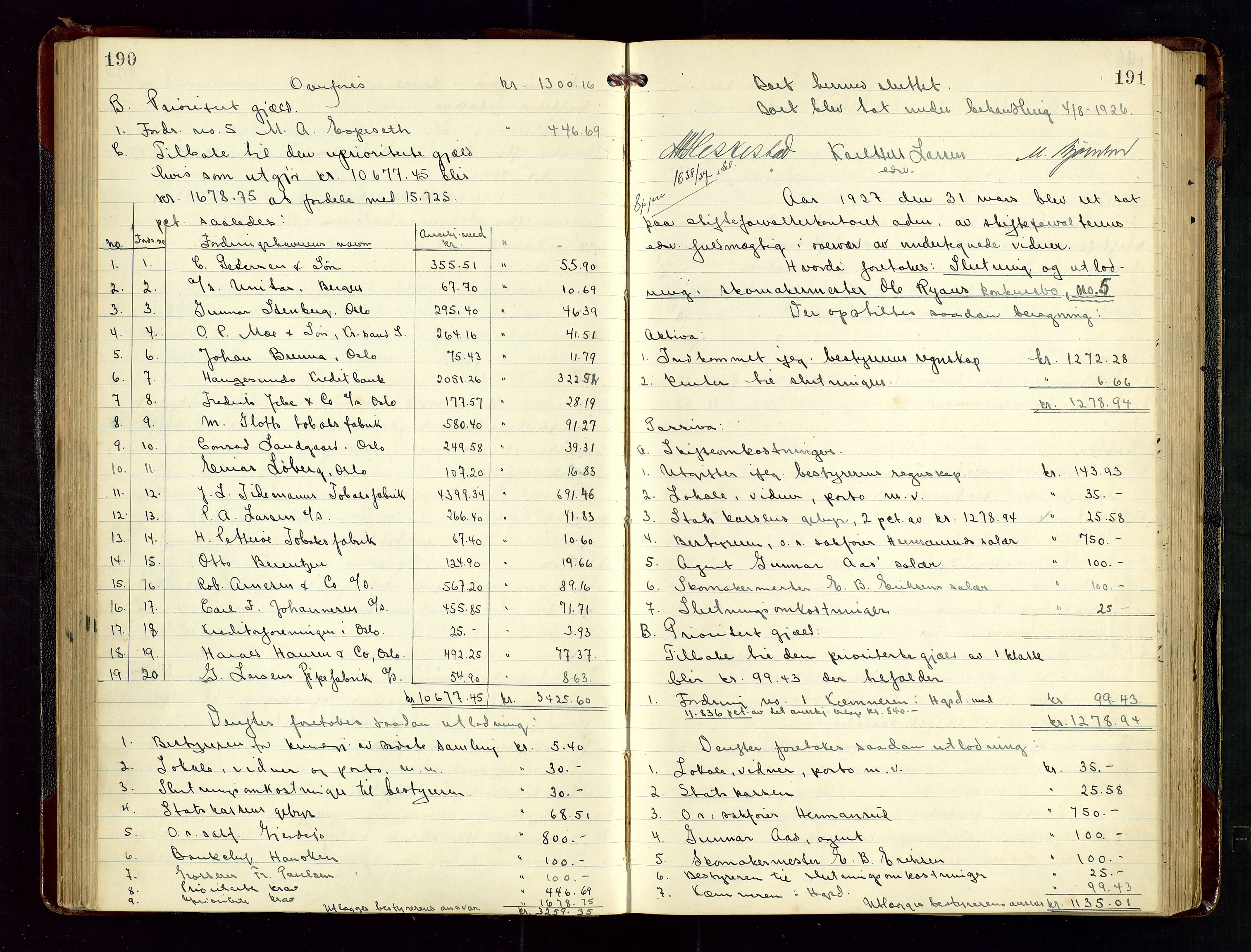 Haugesund tingrett, AV/SAST-A-101415/01/IV/IVD/L0004: Skifteutlodningsprotokoll, med register, 1924-1931, p. 190-191