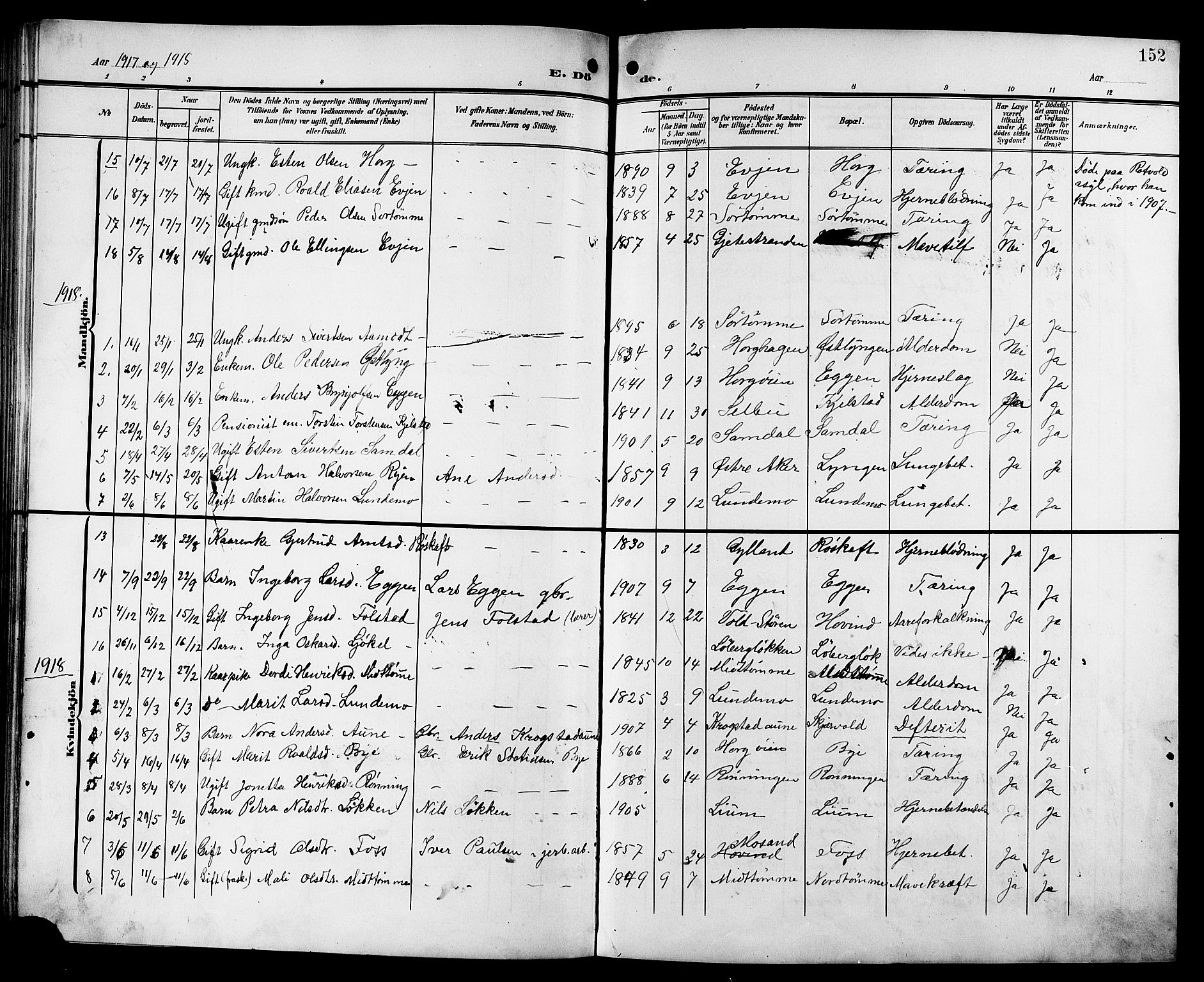 Ministerialprotokoller, klokkerbøker og fødselsregistre - Sør-Trøndelag, AV/SAT-A-1456/692/L1112: Parish register (copy) no. 692C07, 1904-1918, p. 152