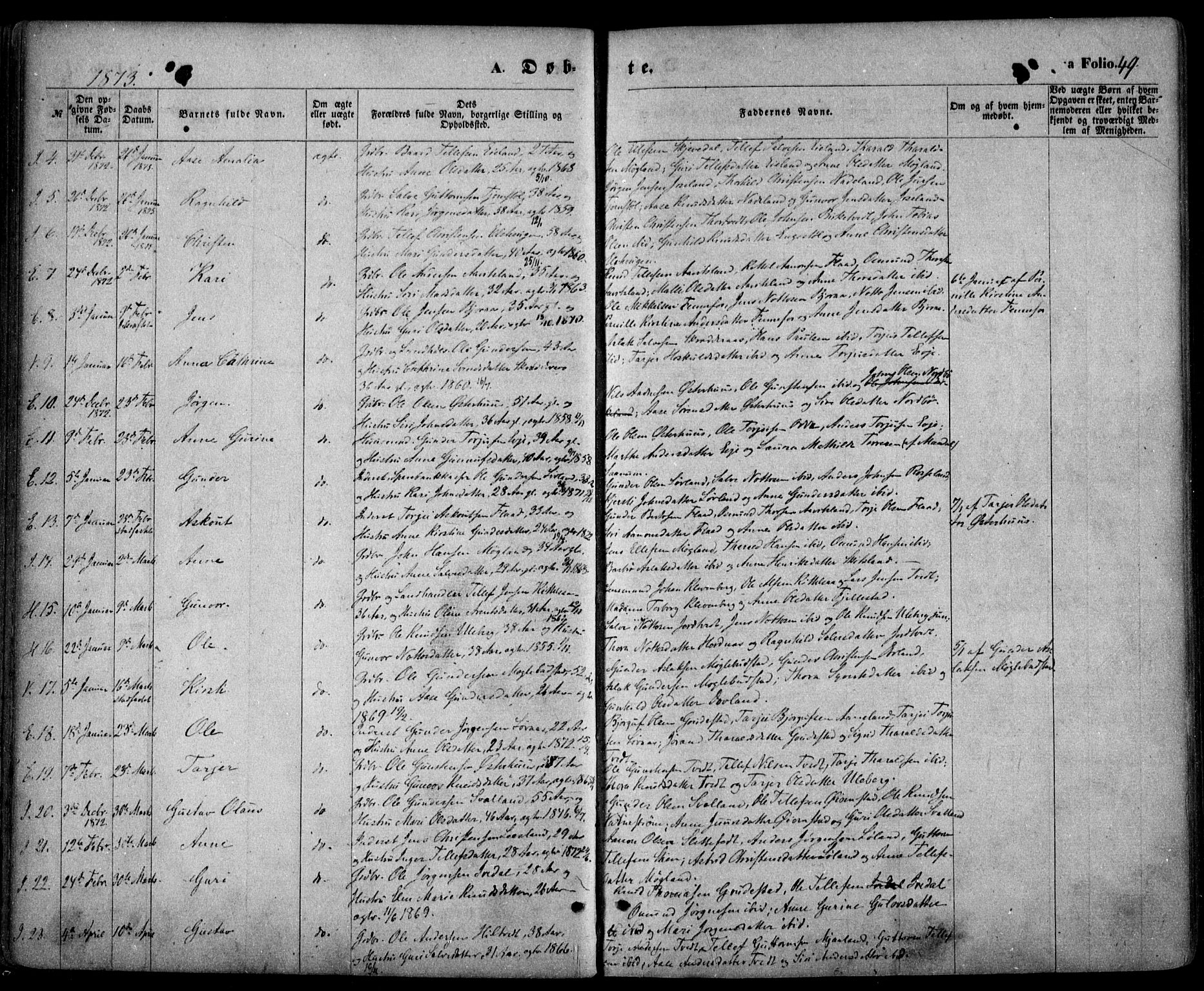 Evje sokneprestkontor, AV/SAK-1111-0008/F/Fa/Faa/L0006: Parish register (official) no. A 6, 1866-1884, p. 49