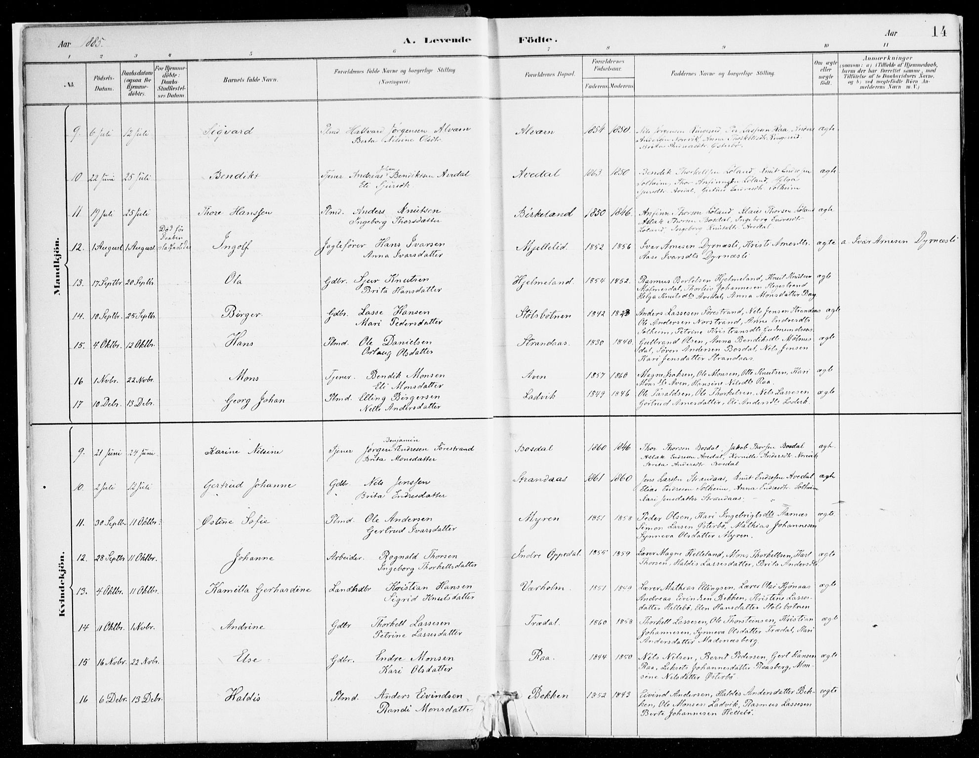 Lavik sokneprestembete, AV/SAB-A-80901: Parish register (official) no. B 1, 1882-1908, p. 14