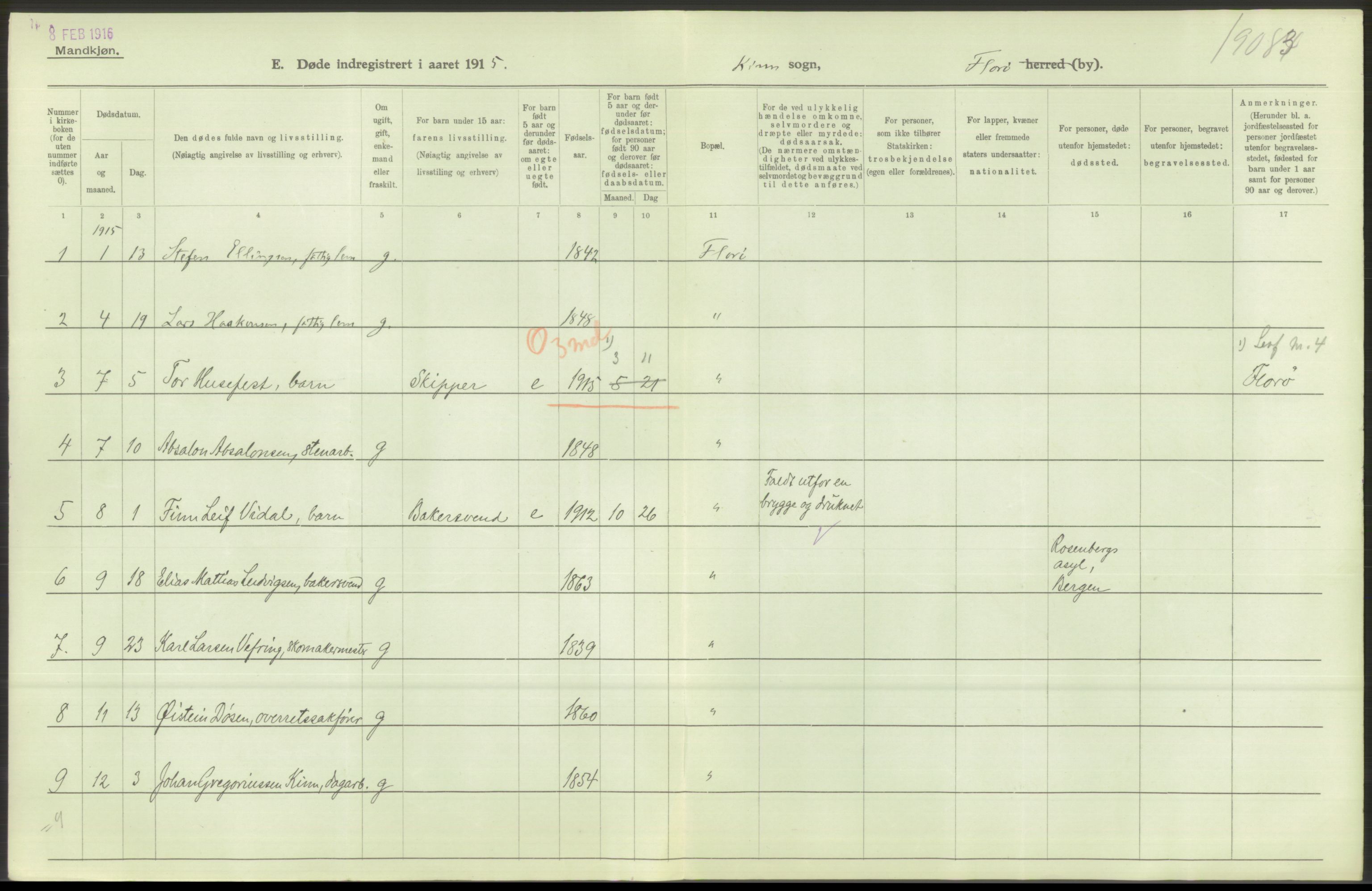 Statistisk sentralbyrå, Sosiodemografiske emner, Befolkning, RA/S-2228/D/Df/Dfb/Dfbe/L0037: Florø by: Levendefødte menn og kvinner, gifte, døde, dødfødte., 1915, p. 18