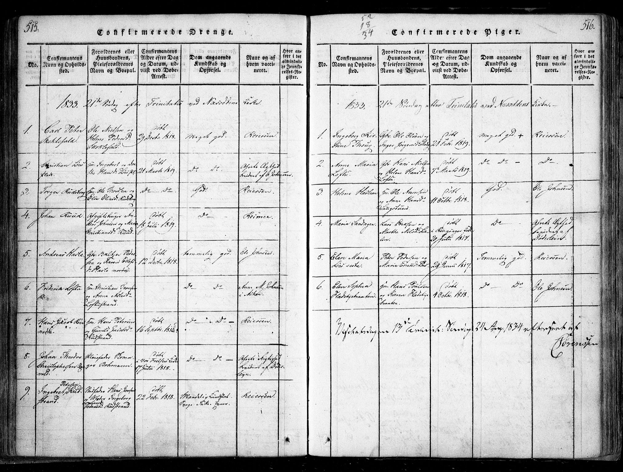 Nesodden prestekontor Kirkebøker, SAO/A-10013/F/Fa/L0006: Parish register (official) no. I 6, 1814-1847, p. 515-516