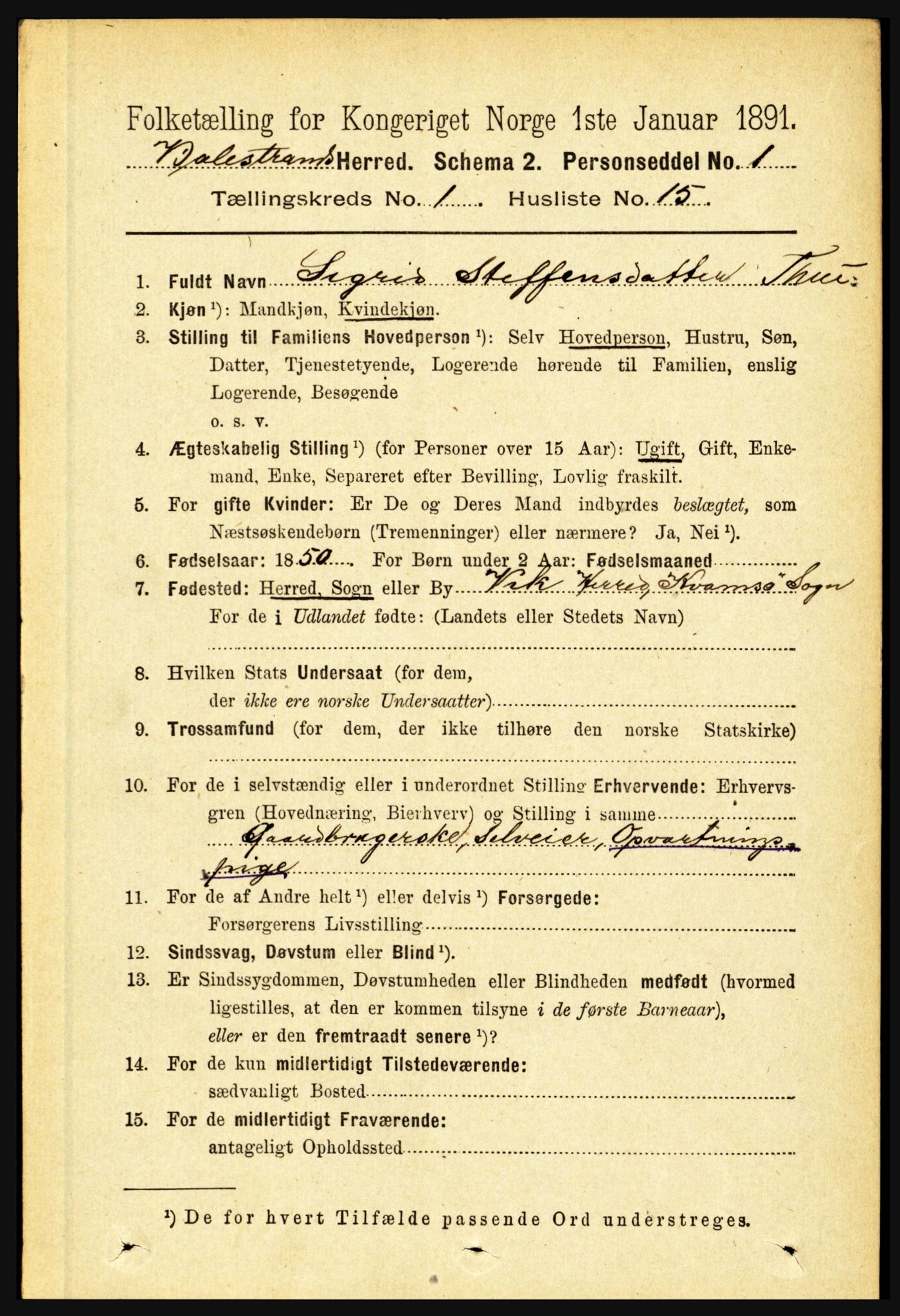 RA, 1891 census for 1418 Balestrand, 1891, p. 140