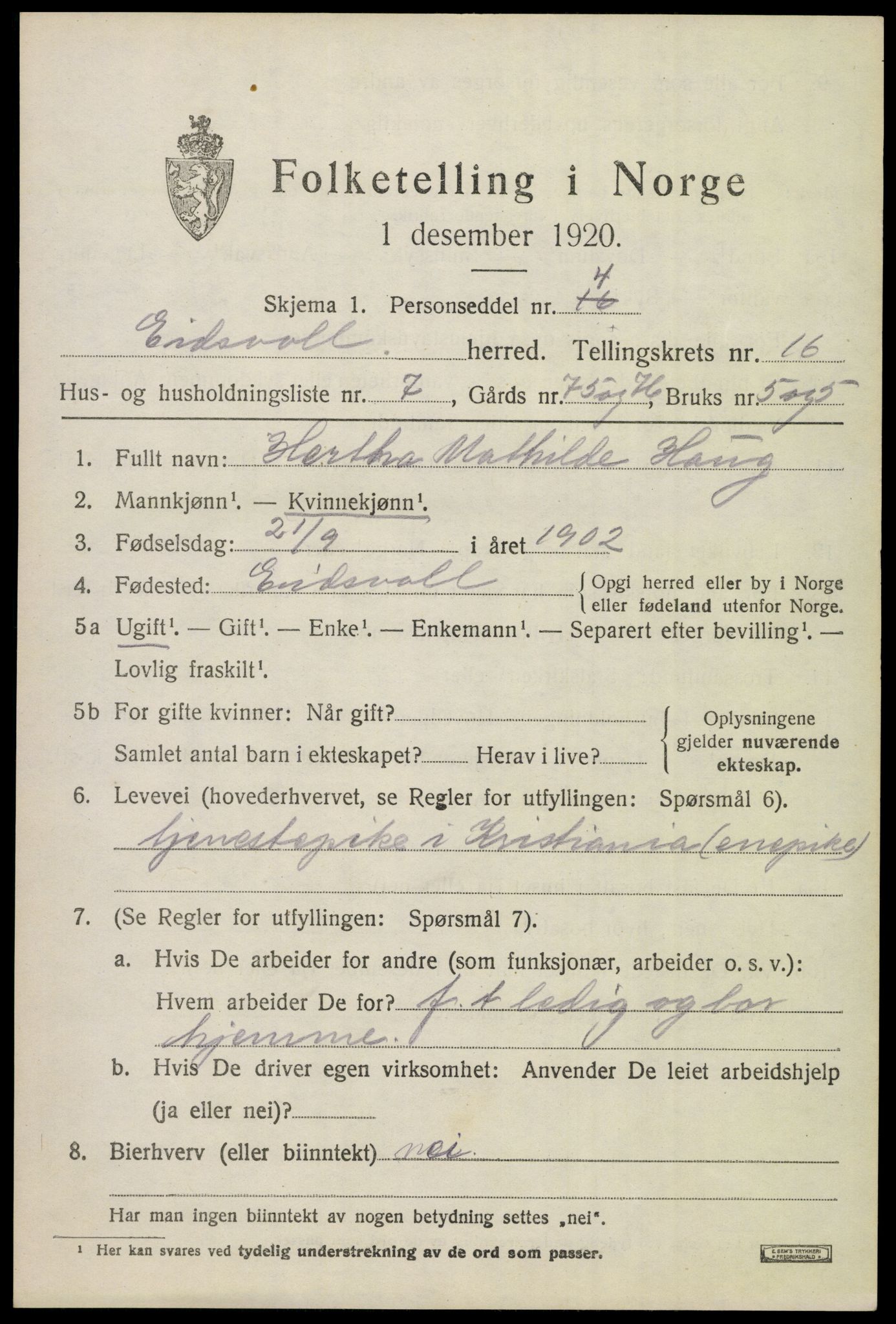 SAO, 1920 census for Eidsvoll, 1920, p. 22721