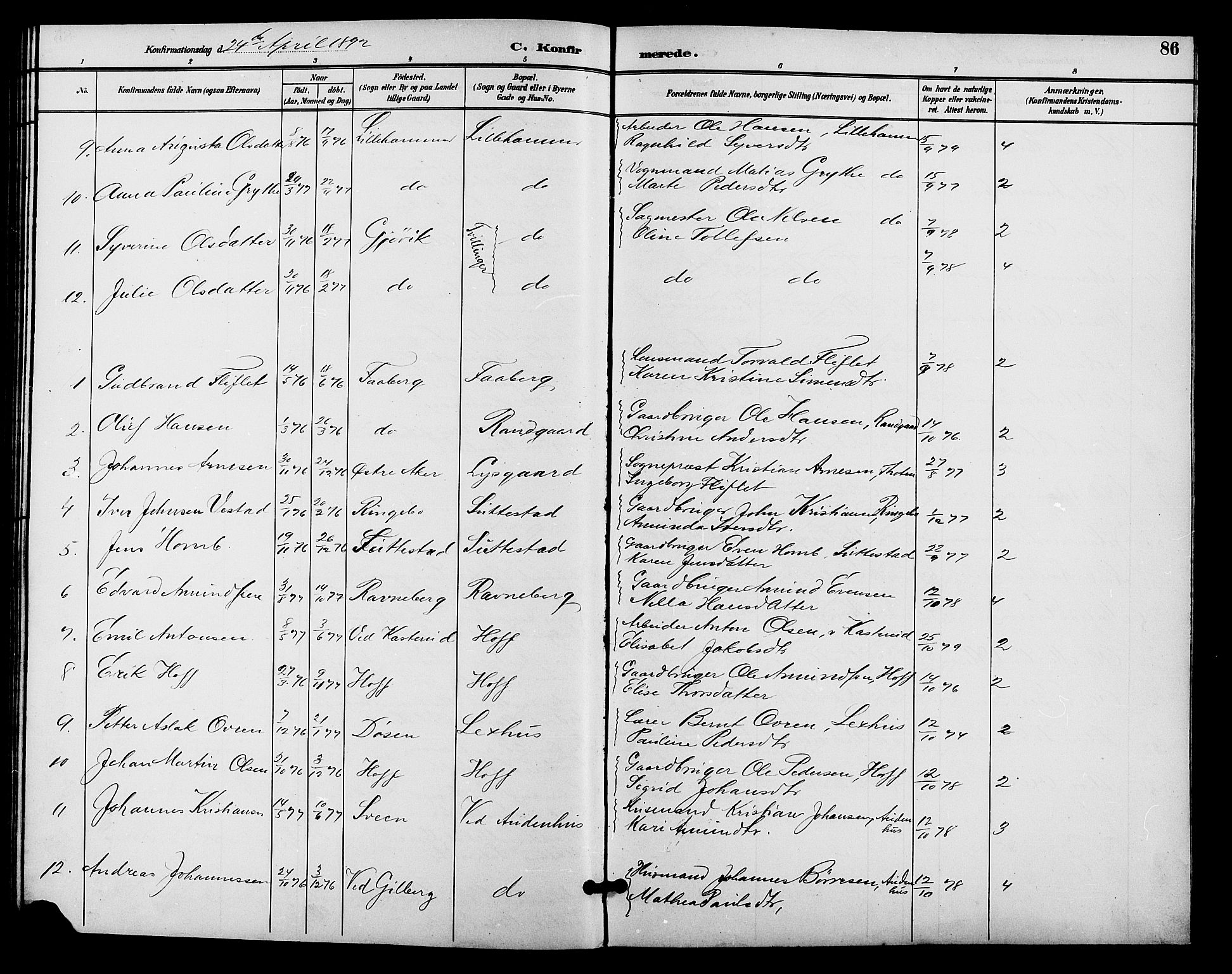 Fåberg prestekontor, AV/SAH-PREST-086/H/Ha/Hab/L0009: Parish register (copy) no. 9, 1891-1902, p. 86