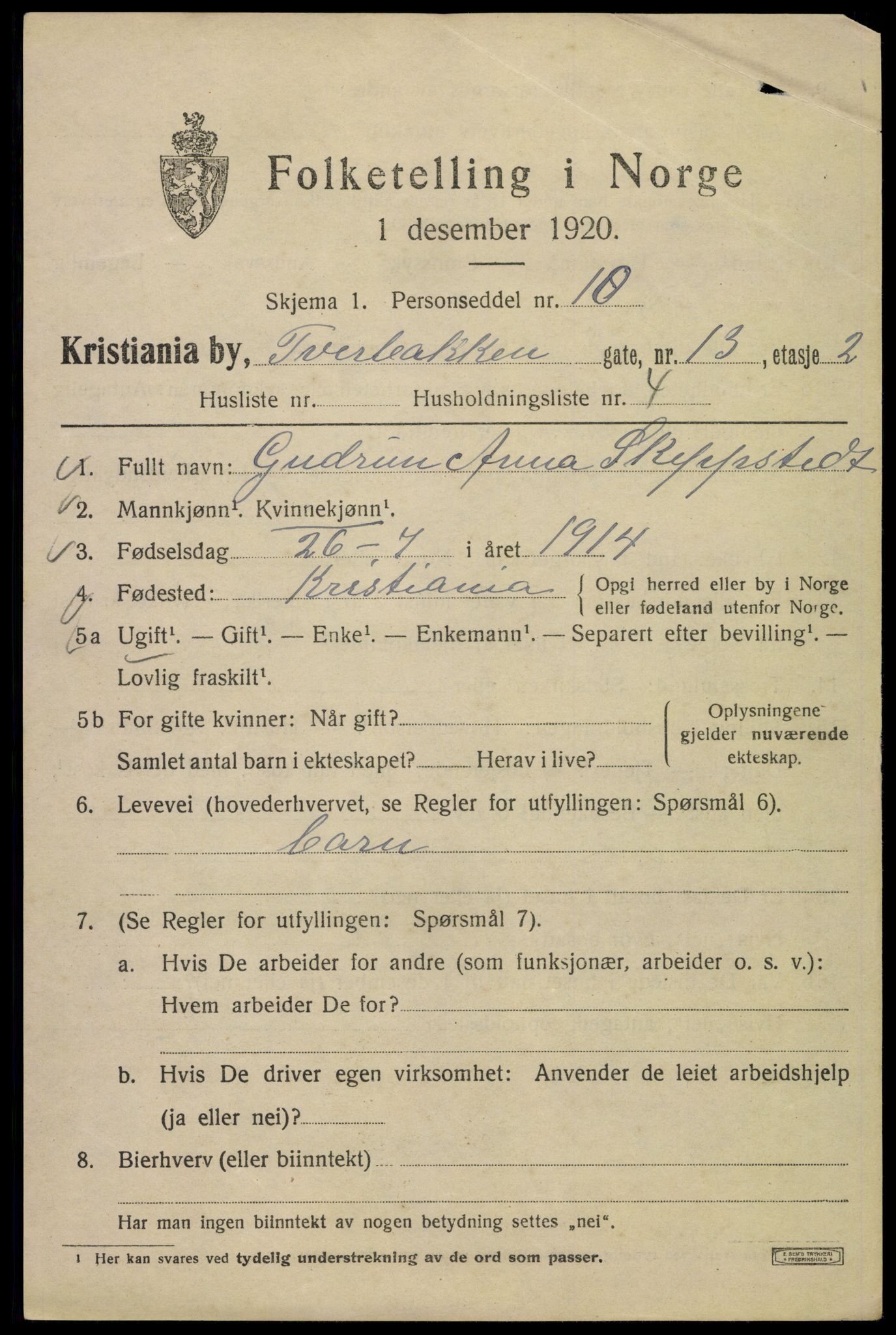 SAO, 1920 census for Kristiania, 1920, p. 604769