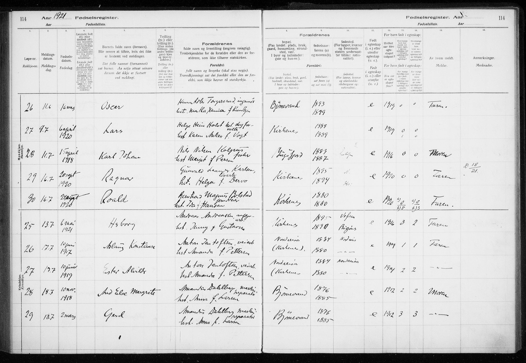 Sør-Varanger sokneprestkontor, AV/SATØ-S-1331/I/Ia/L0016: Birth register no. 16, 1915-1925, p. 114