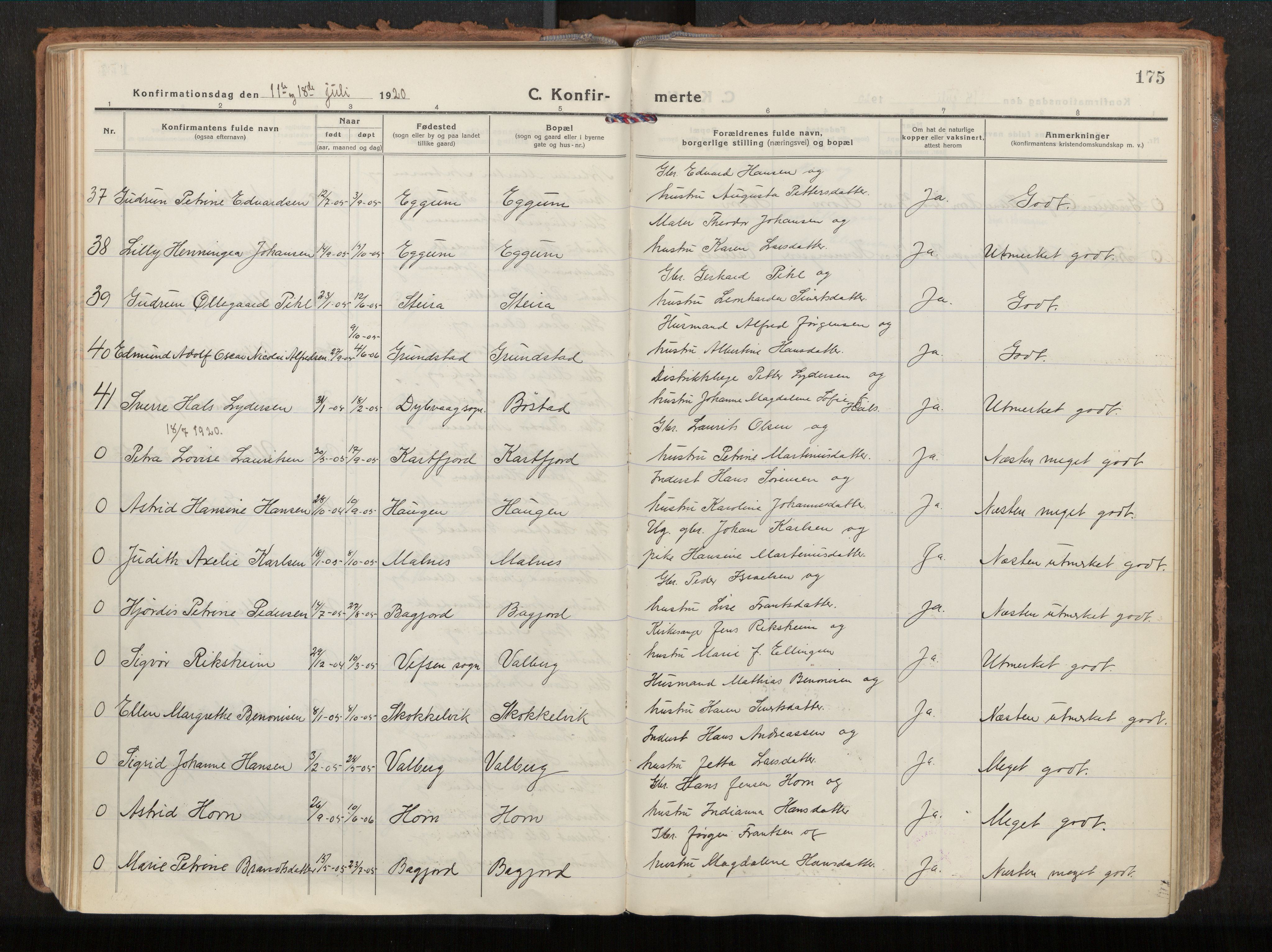 Ministerialprotokoller, klokkerbøker og fødselsregistre - Nordland, AV/SAT-A-1459/880/L1136: Parish register (official) no. 880A10, 1919-1927, p. 175