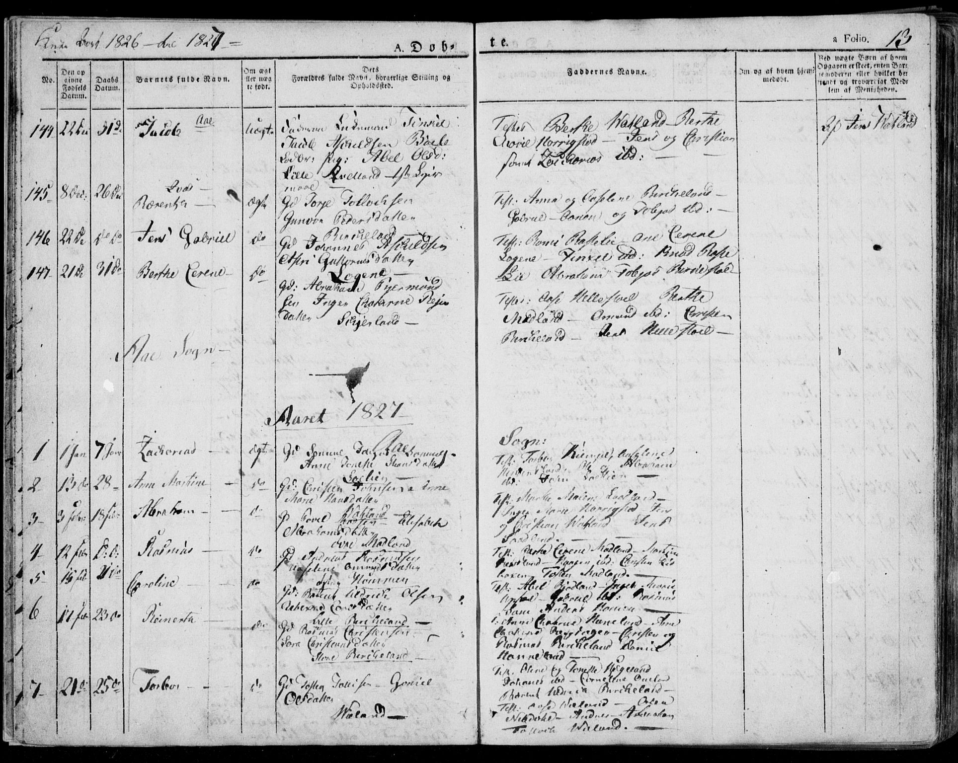 Lyngdal sokneprestkontor, AV/SAK-1111-0029/F/Fa/Fac/L0007: Parish register (official) no. A 7, 1825-1838, p. 13