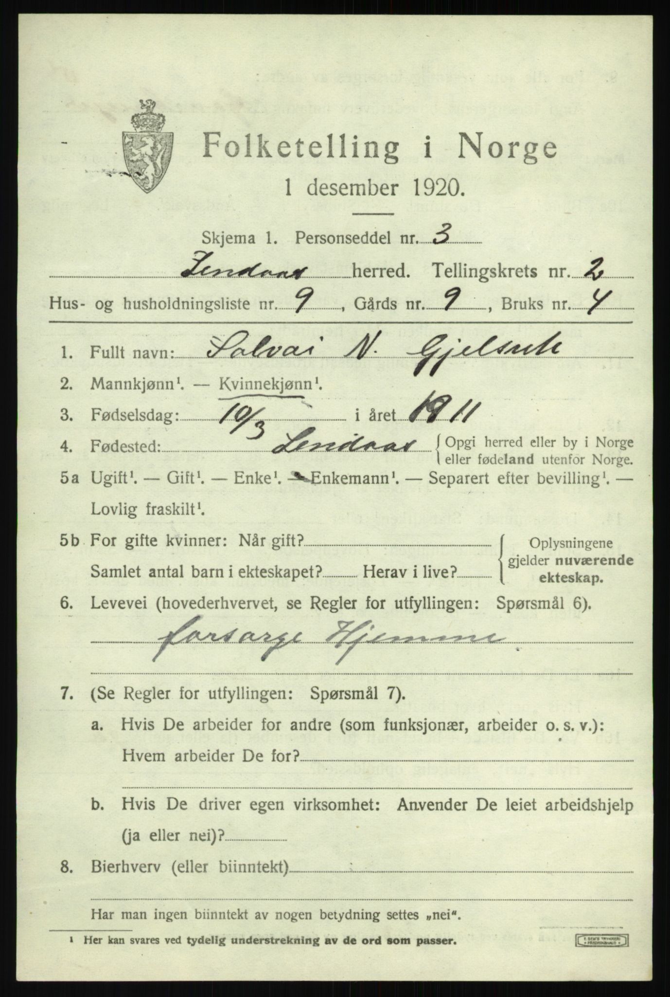 SAB, 1920 census for Lindås, 1920, p. 1691