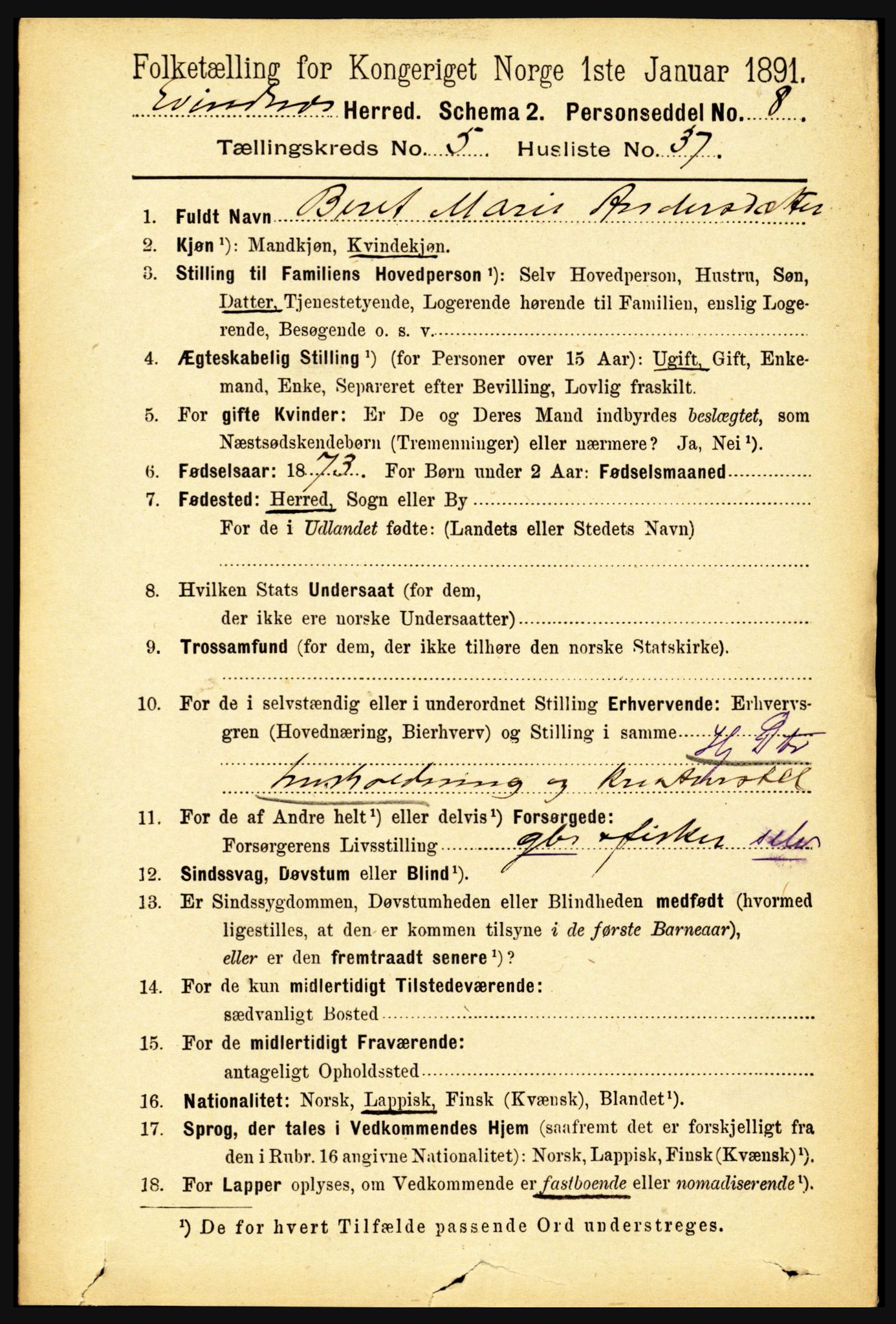 RA, 1891 census for 1853 Evenes, 1891, p. 1881