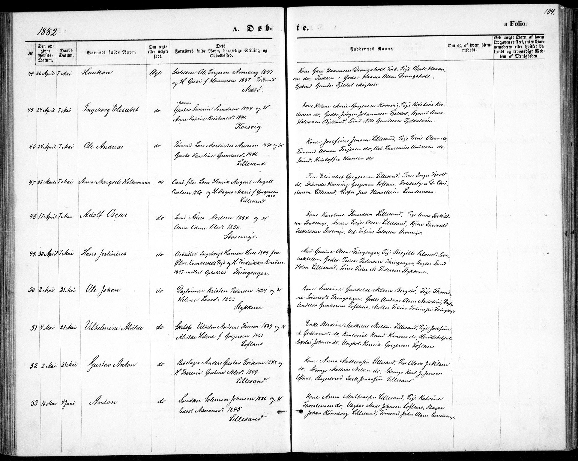 Vestre Moland sokneprestkontor, SAK/1111-0046/F/Fb/Fbb/L0005: Parish register (copy) no. B 5, 1872-1883, p. 104
