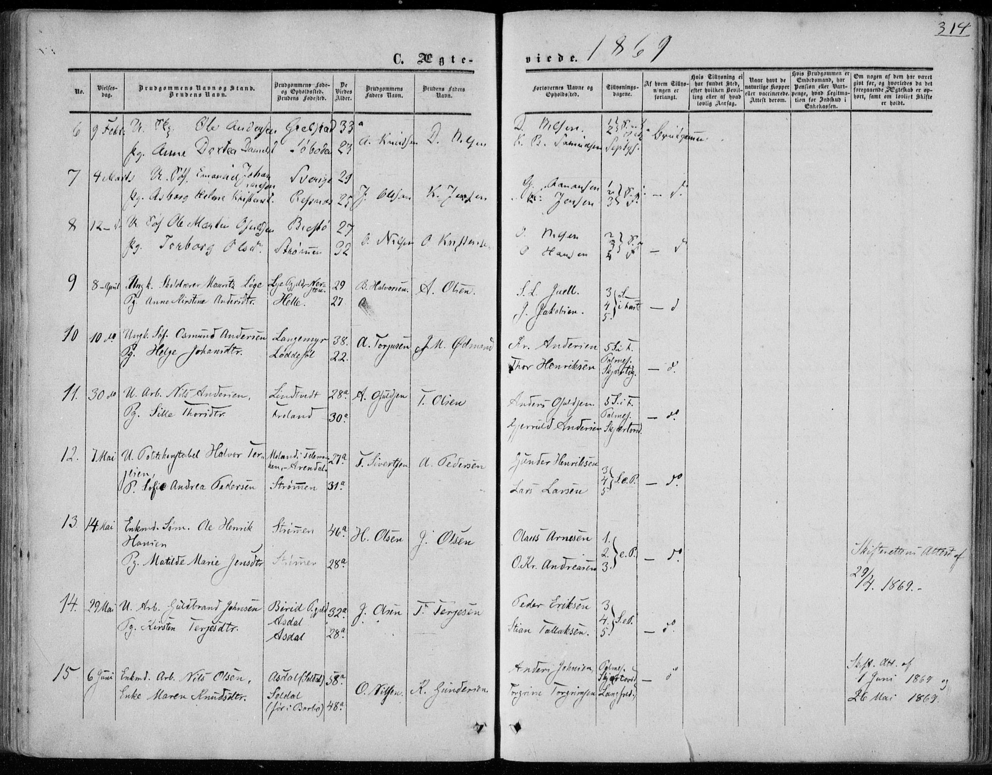 Øyestad sokneprestkontor, AV/SAK-1111-0049/F/Fa/L0015: Parish register (official) no. A 15, 1857-1873, p. 314