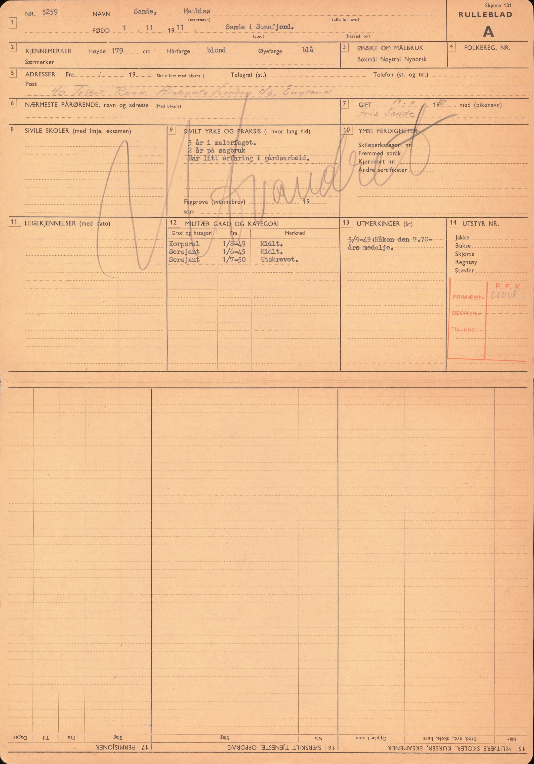 Forsvaret, Forsvarets overkommando/Luftforsvarsstaben, AV/RA-RAFA-4079/P/Pa/L0028: Personellpapirer, 1911, p. 66