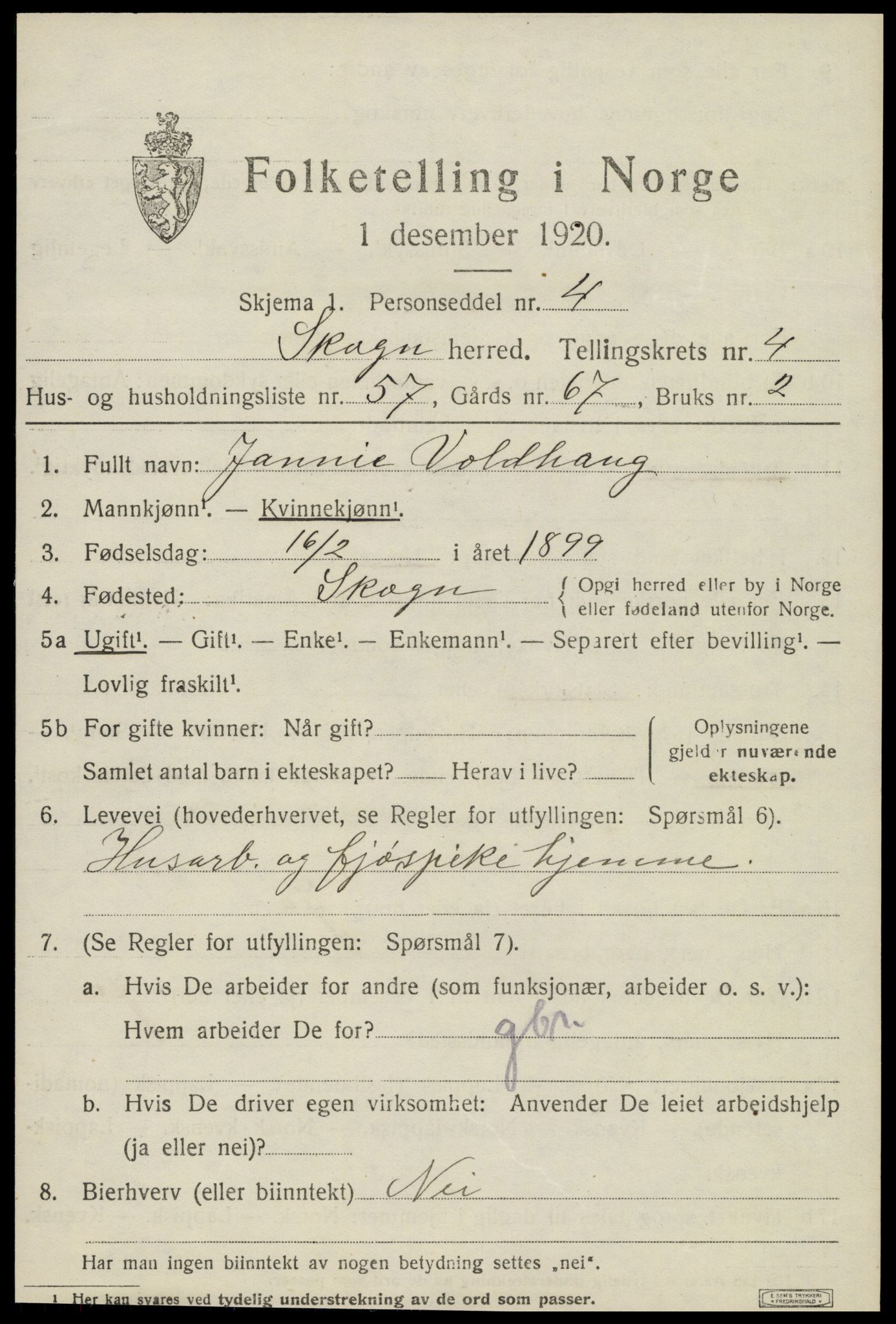 SAT, 1920 census for Skogn, 1920, p. 6481