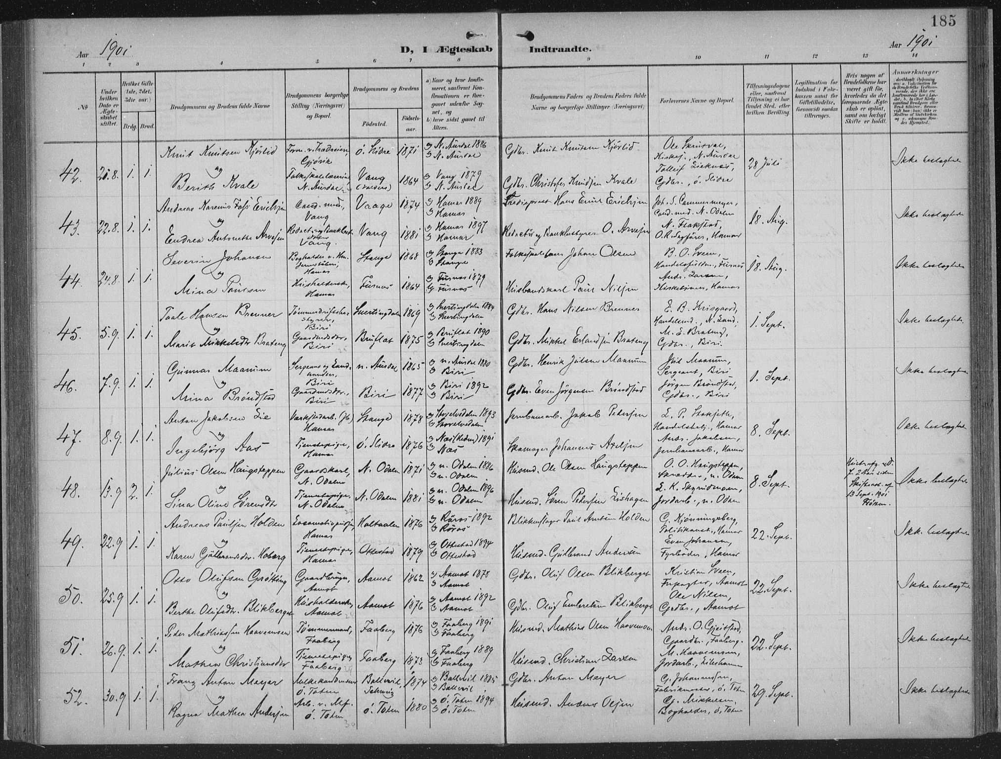 Hamar prestekontor, AV/SAH-DOMPH-002/H/Ha/Haa/L0001: Parish register (official) no. 1, 1900-1914, p. 185