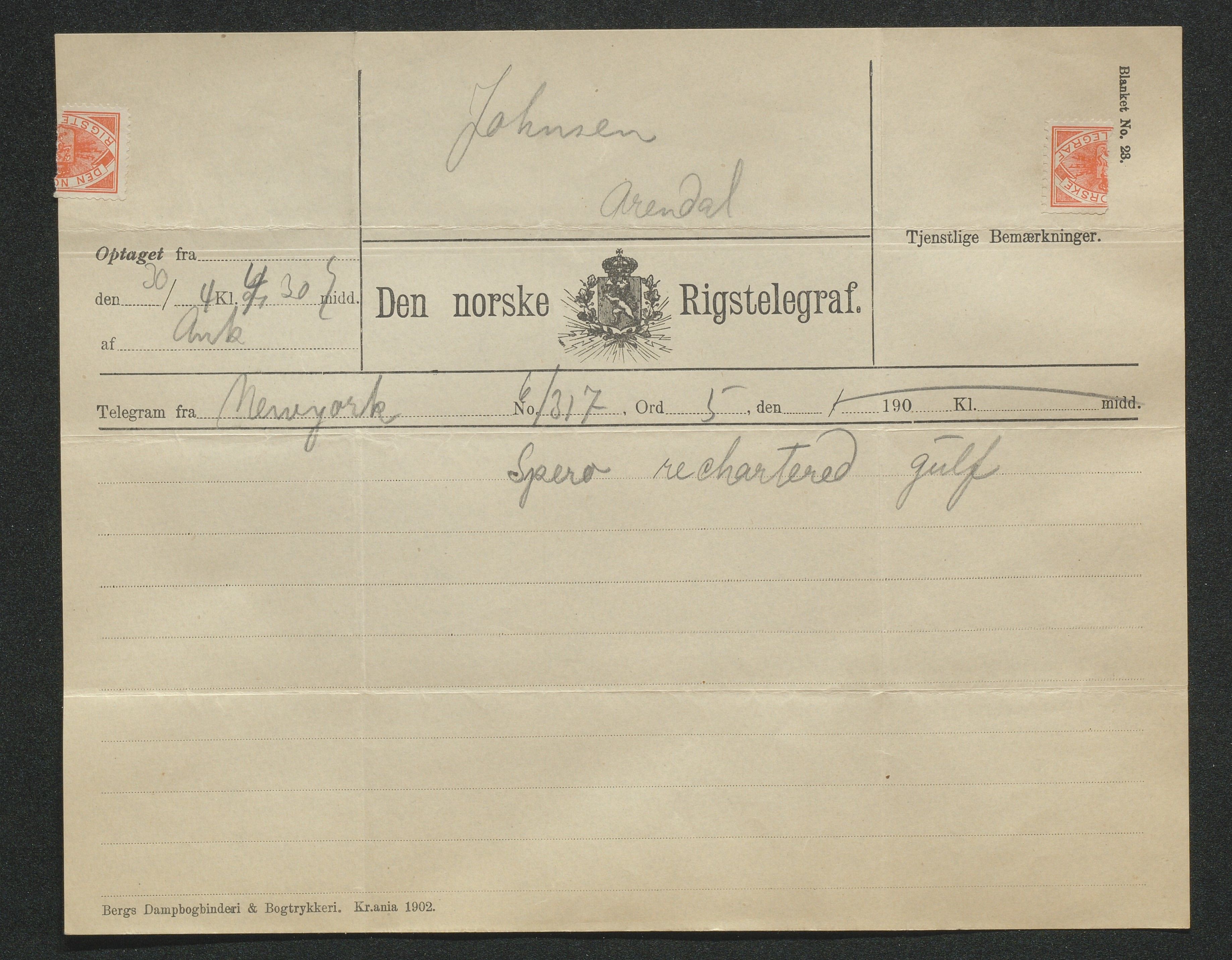 Arendals Dampskibsselskab (ADS), AAKS/PA-1716/1/15/L0018: Skipspapirer D/S Spero, 1898-1904