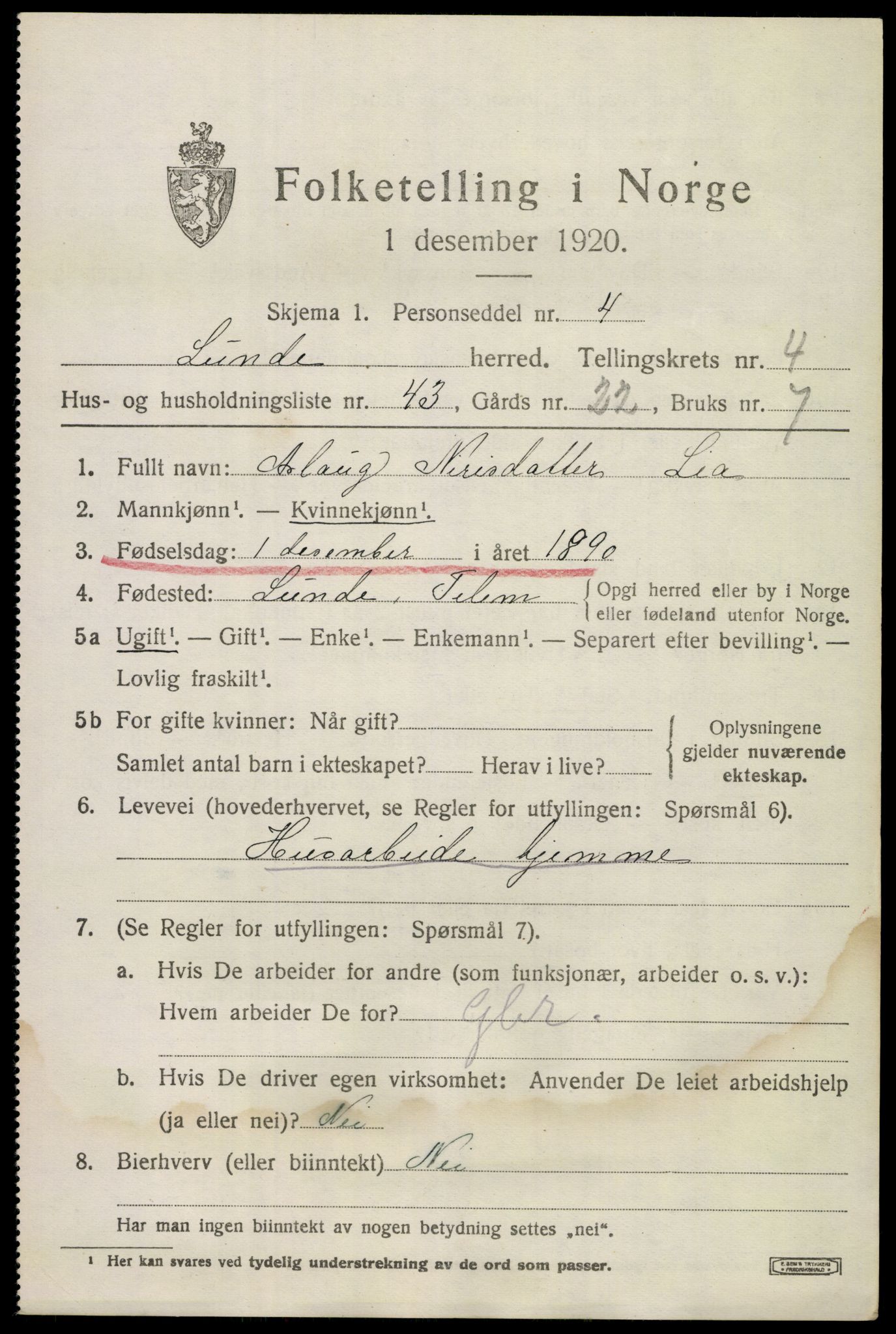 SAKO, 1920 census for Lunde, 1920, p. 3393
