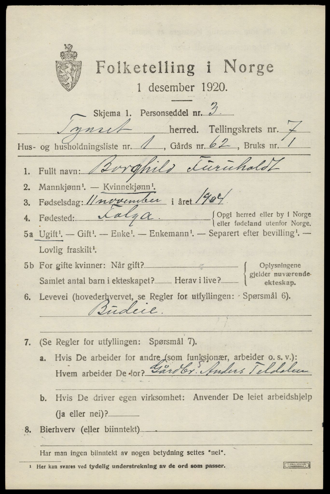 SAH, 1920 census for Tynset, 1920, p. 6176