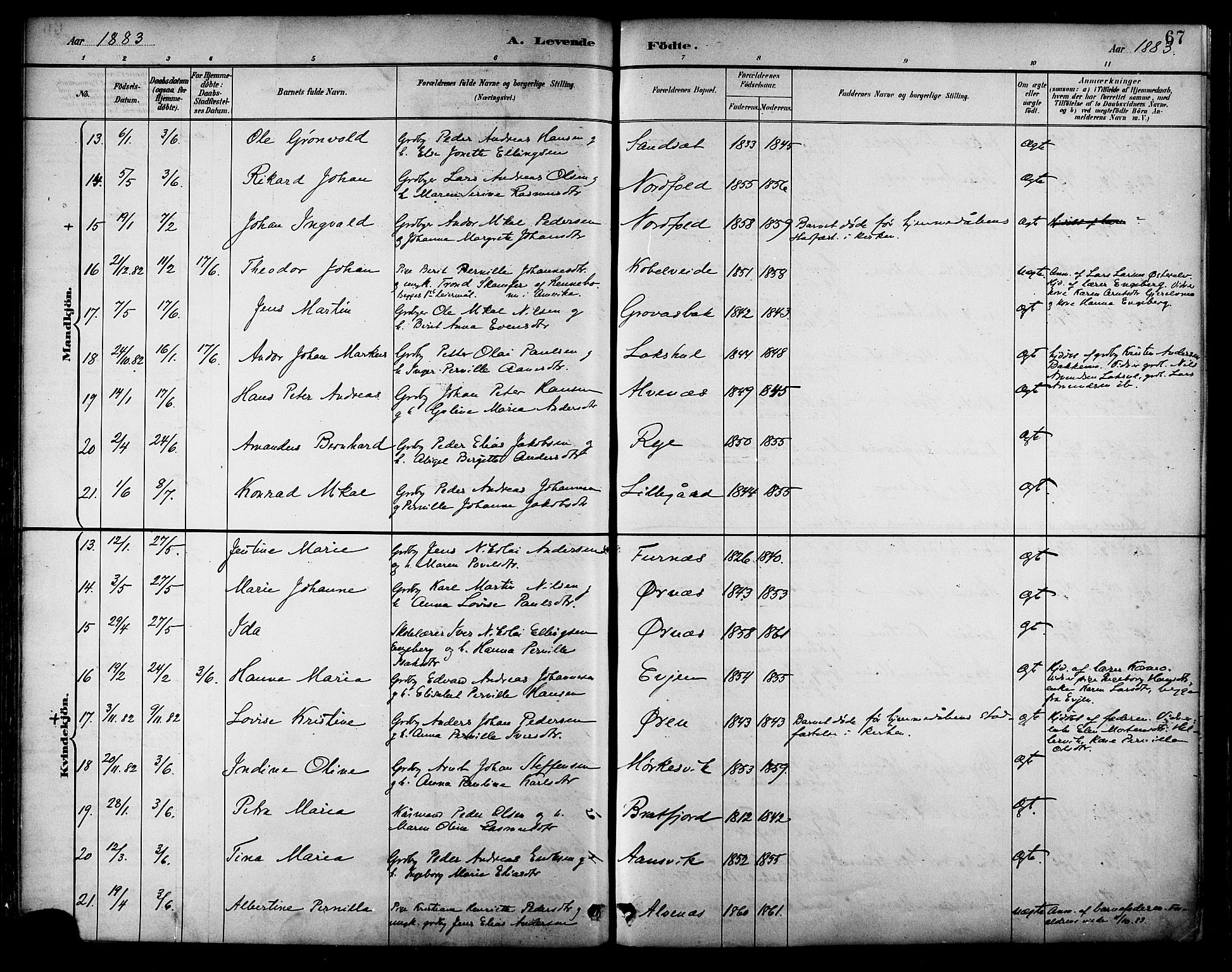 Ministerialprotokoller, klokkerbøker og fødselsregistre - Nordland, AV/SAT-A-1459/854/L0778: Parish register (official) no. 854A01 /2, 1881-1888, p. 67