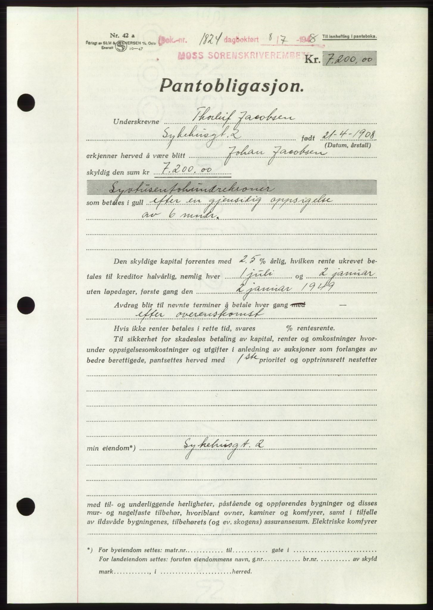 Moss sorenskriveri, AV/SAO-A-10168: Mortgage book no. B20, 1948-1948, Diary no: : 1824/1948