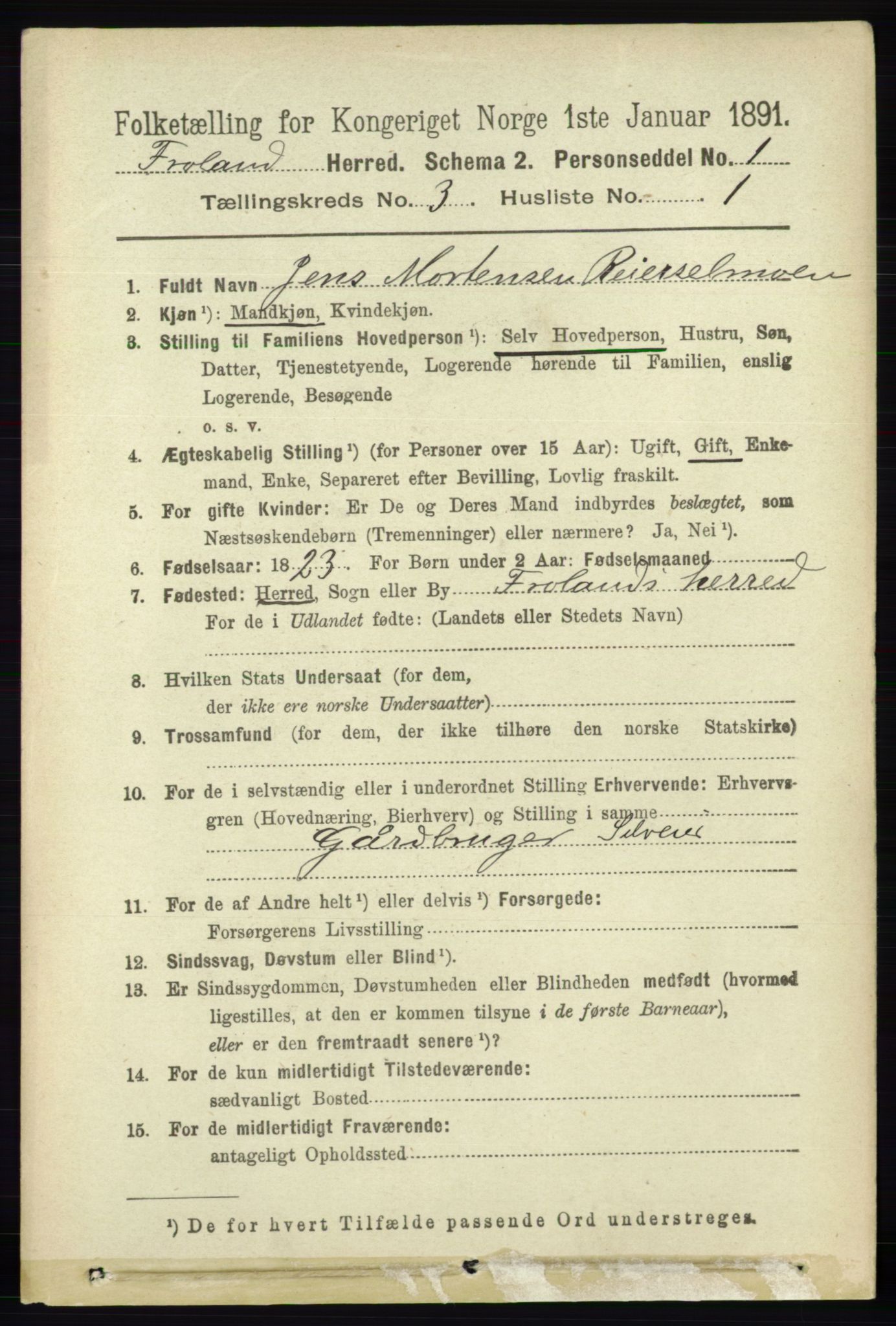 RA, 1891 census for 0919 Froland, 1891, p. 1015