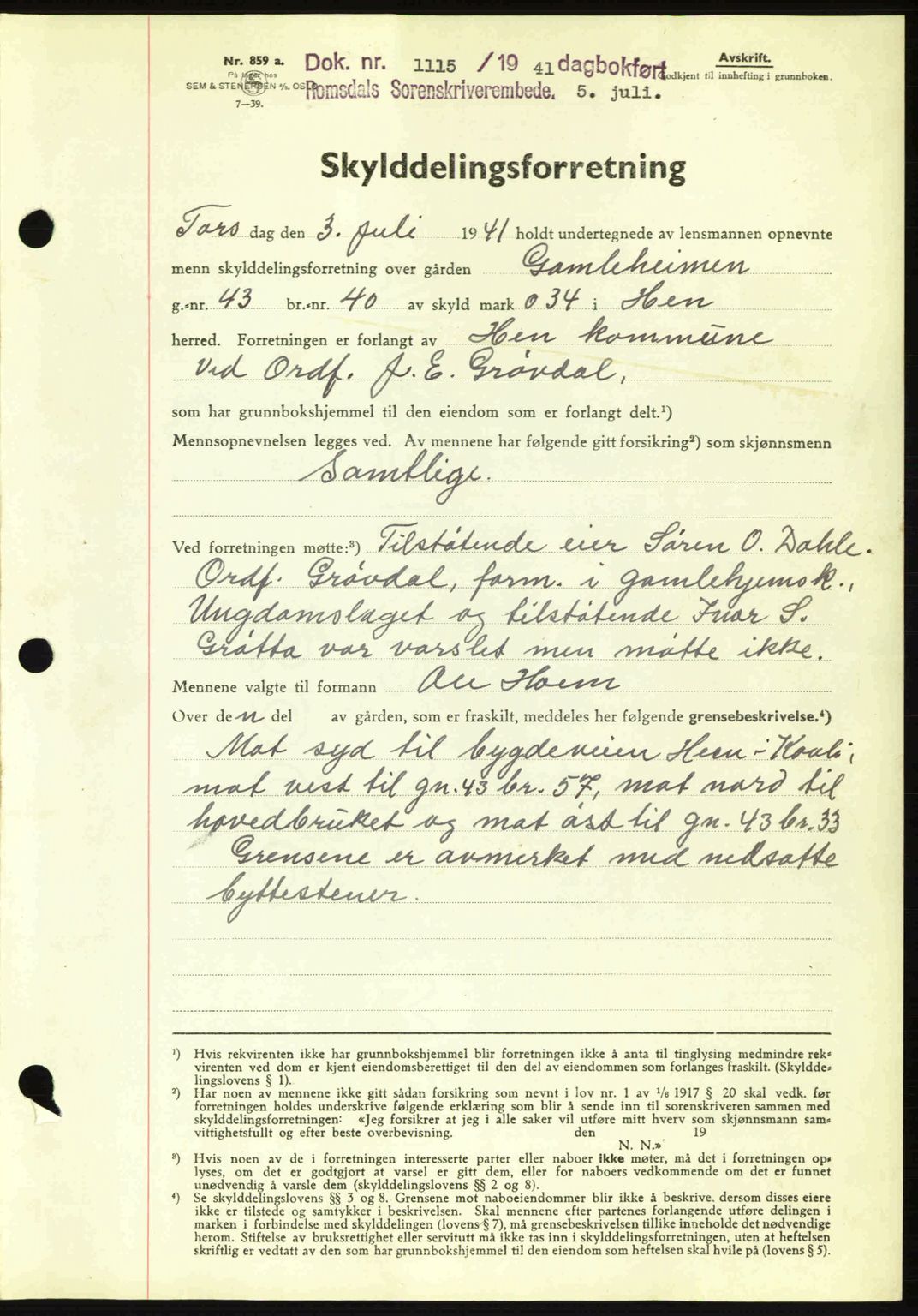 Romsdal sorenskriveri, AV/SAT-A-4149/1/2/2C: Mortgage book no. A10, 1941-1941, Diary no: : 1115/1941