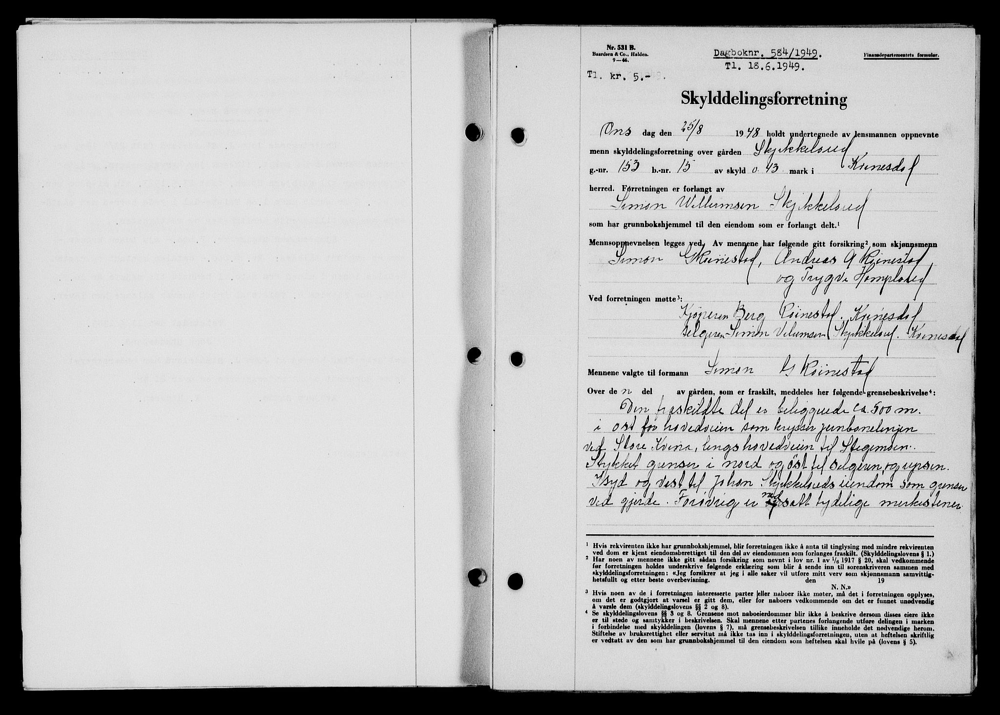 Flekkefjord sorenskriveri, SAK/1221-0001/G/Gb/Gba/L0065: Mortgage book no. A-13, 1949-1949, Diary no: : 584/1949
