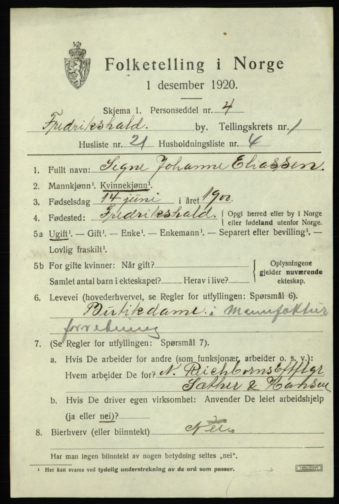 SAO, 1920 census for Fredrikshald, 1920, p. 8414