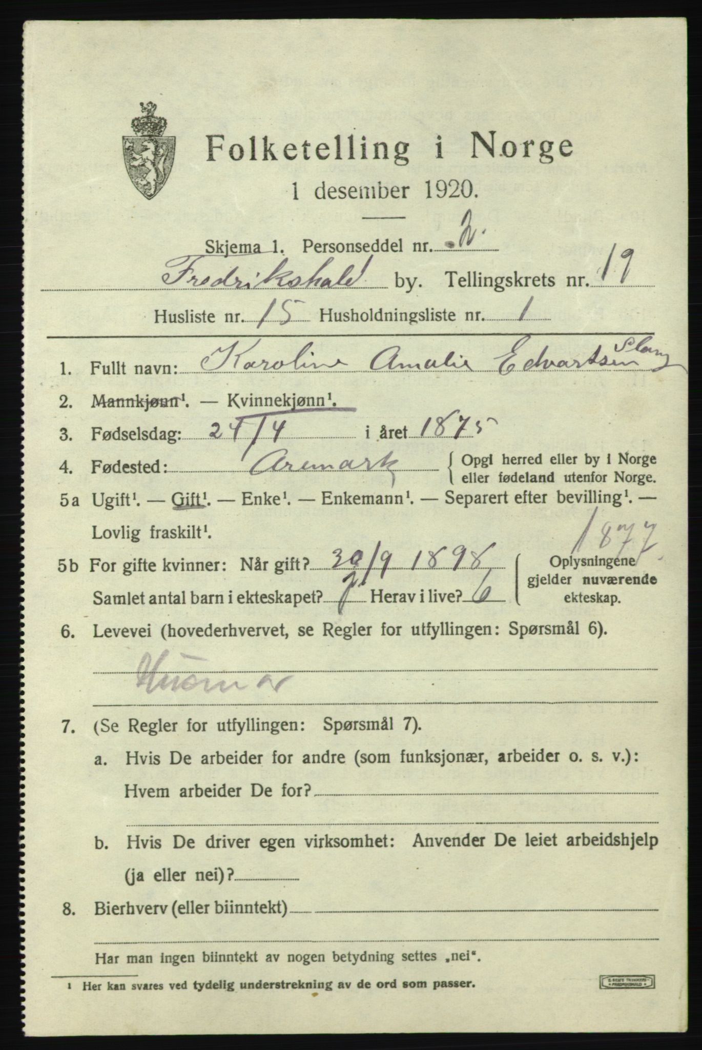 SAO, 1920 census for Fredrikshald, 1920, p. 28540