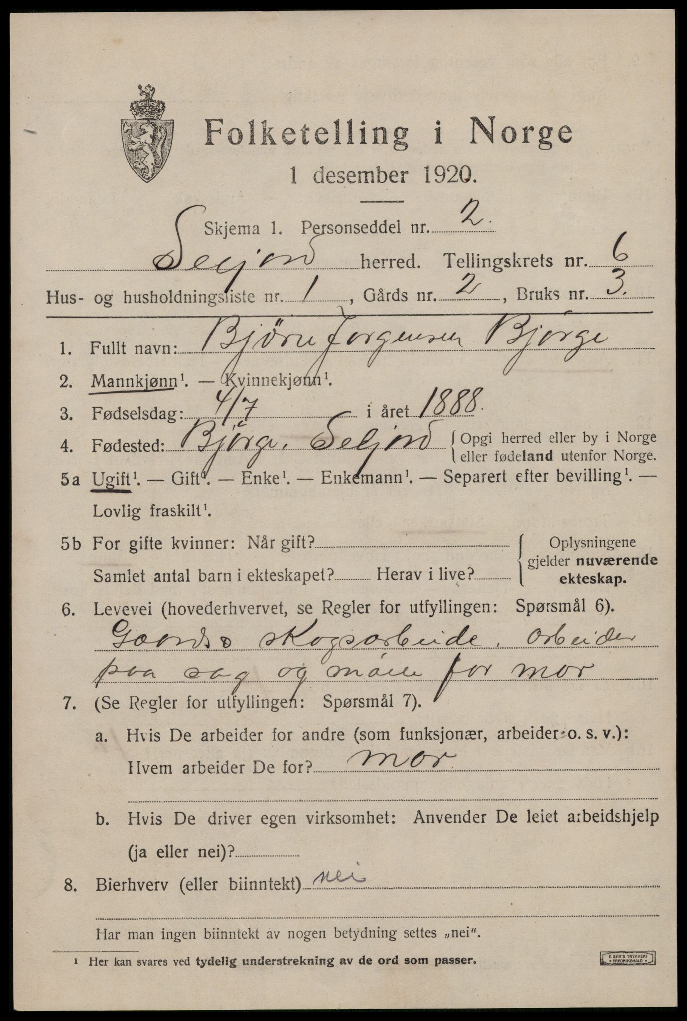 SAKO, 1920 census for Seljord, 1920, p. 2760