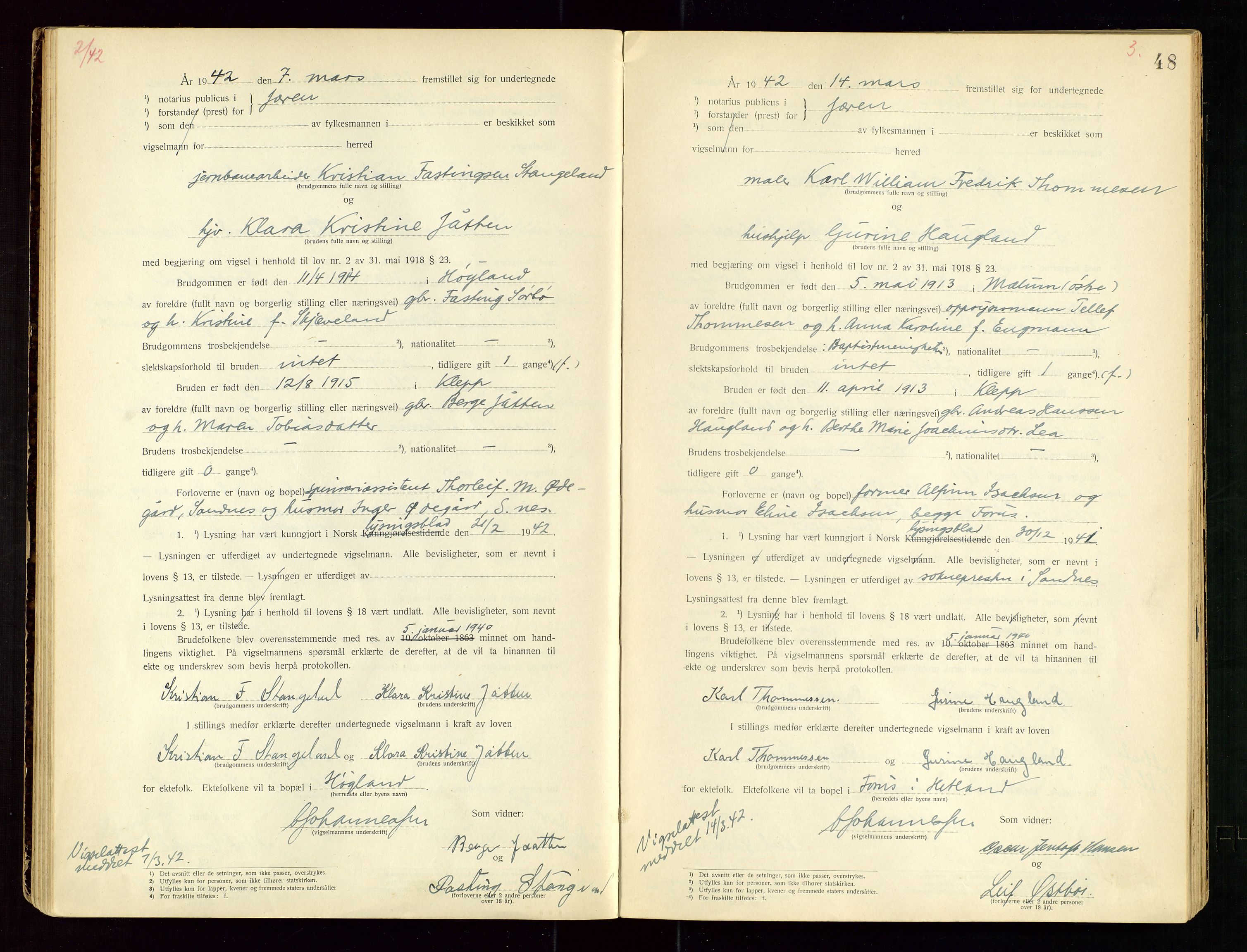 Jæren sorenskriveri, AV/SAST-A-100310/01/6/62/62BA/L0002: VIGSELSPROTOKOLL, 1937-1942, p. 48