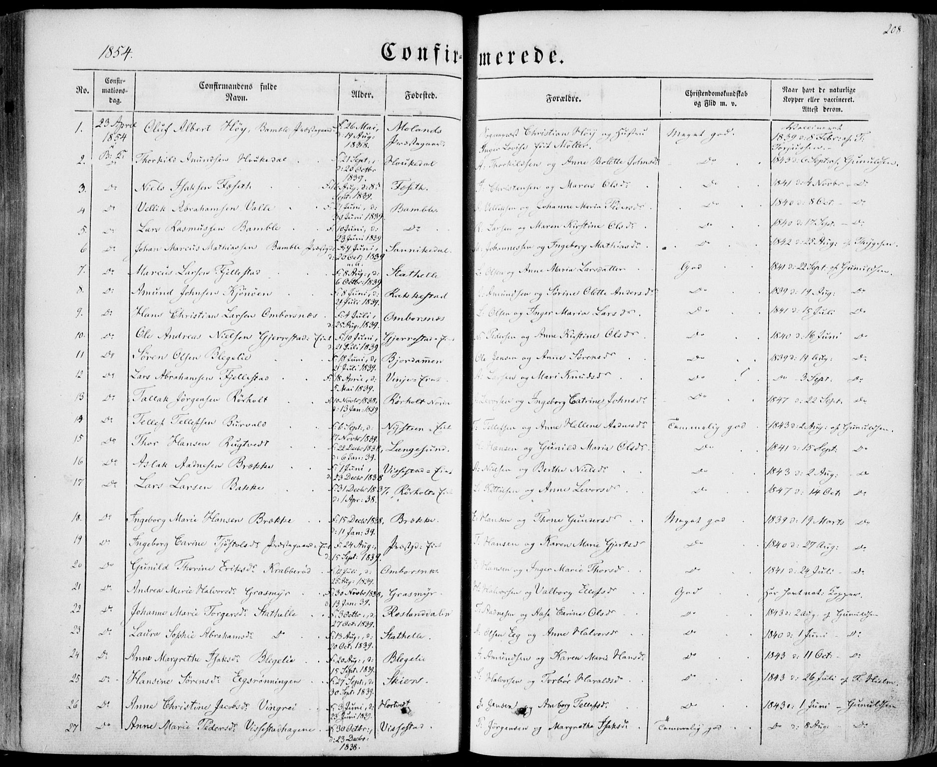 Bamble kirkebøker, SAKO/A-253/F/Fa/L0005: Parish register (official) no. I 5, 1854-1869, p. 208