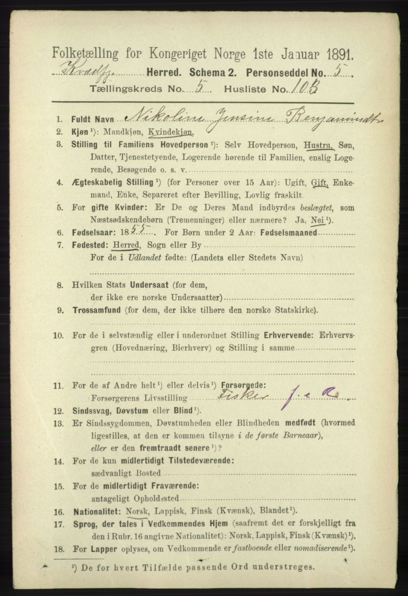 RA, 1891 census for 1911 Kvæfjord, 1891, p. 3492