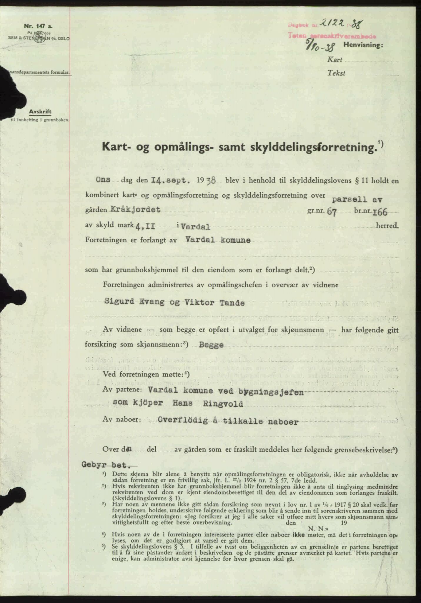 Toten tingrett, SAH/TING-006/H/Hb/Hbc/L0004: Mortgage book no. Hbc-04, 1938-1938, Diary no: : 2122/1938