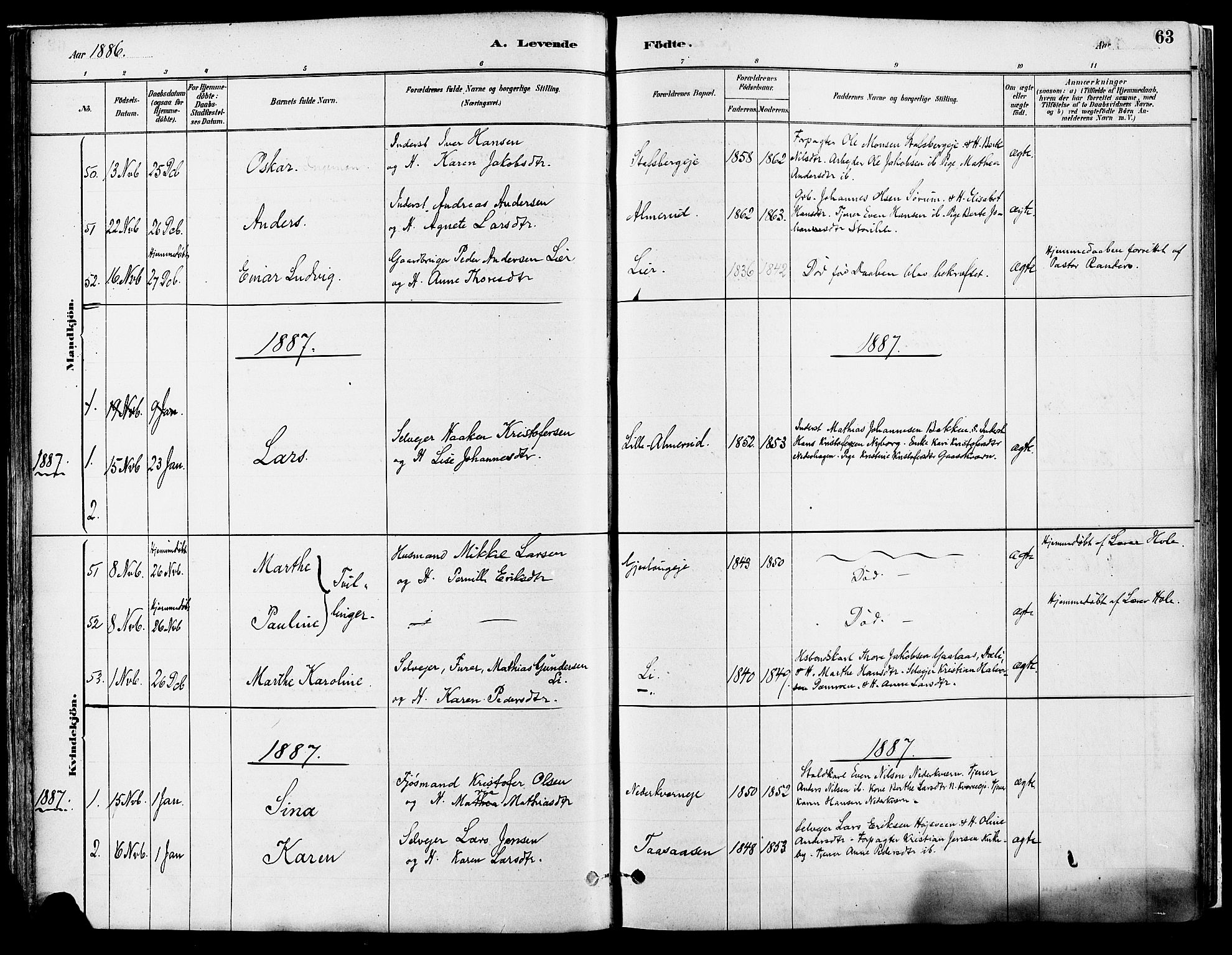 Vang prestekontor, Hedmark, SAH/PREST-008/H/Ha/Haa/L0018A: Parish register (official) no. 18A, 1880-1906, p. 63